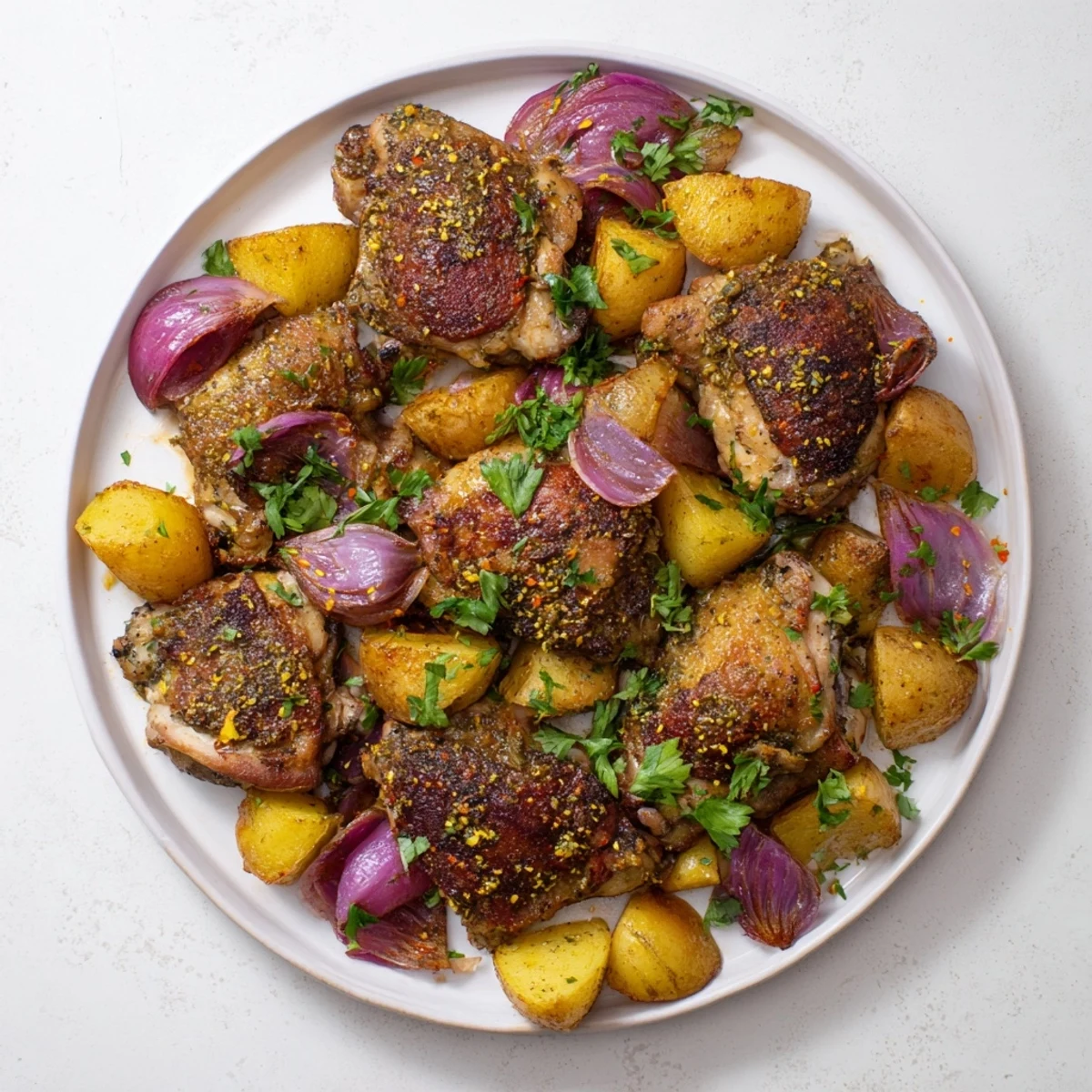 Golden roasted Pan-Roasted Zaatar Chicken and Potatoes, perfectly crisp with fragrant herbs and spices.