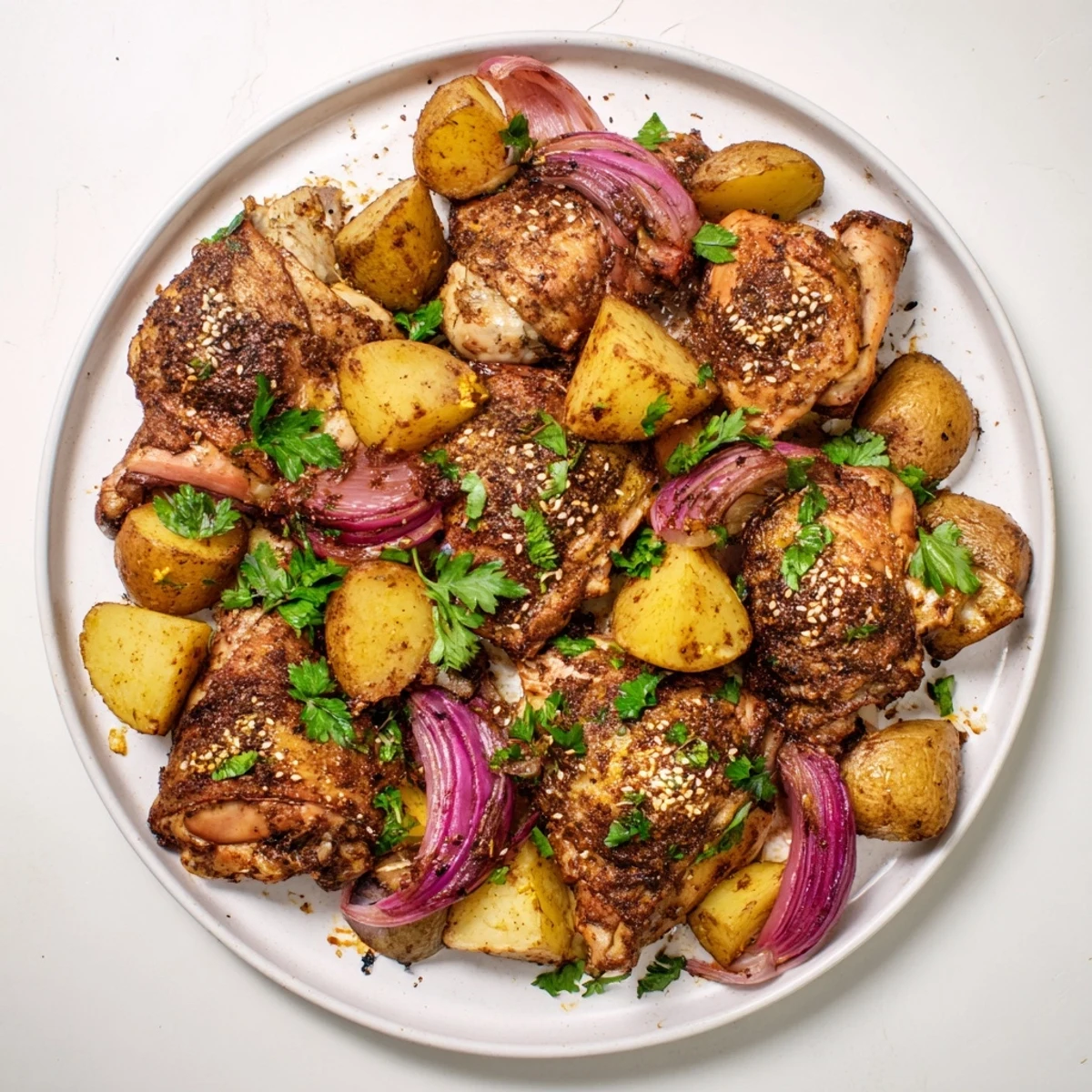 Tender chicken and potatoes sizzle in this pan; the delicious Pan-Roasted Zaatar Chicken is ready.