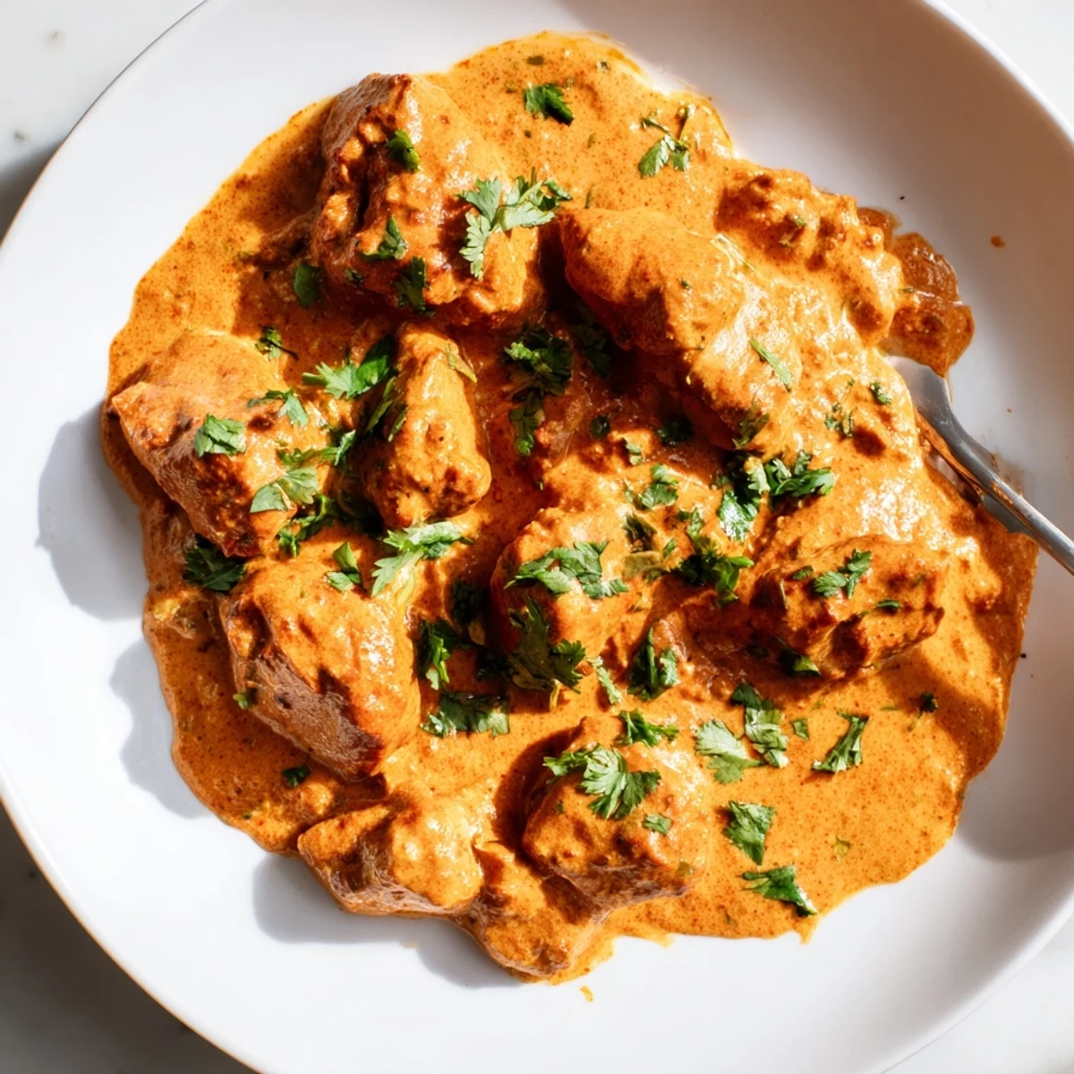 Garnished with fresh cilantro, a steaming plate of Instant Pot Chicken Tikka Masala is perfect with fluffy rice.