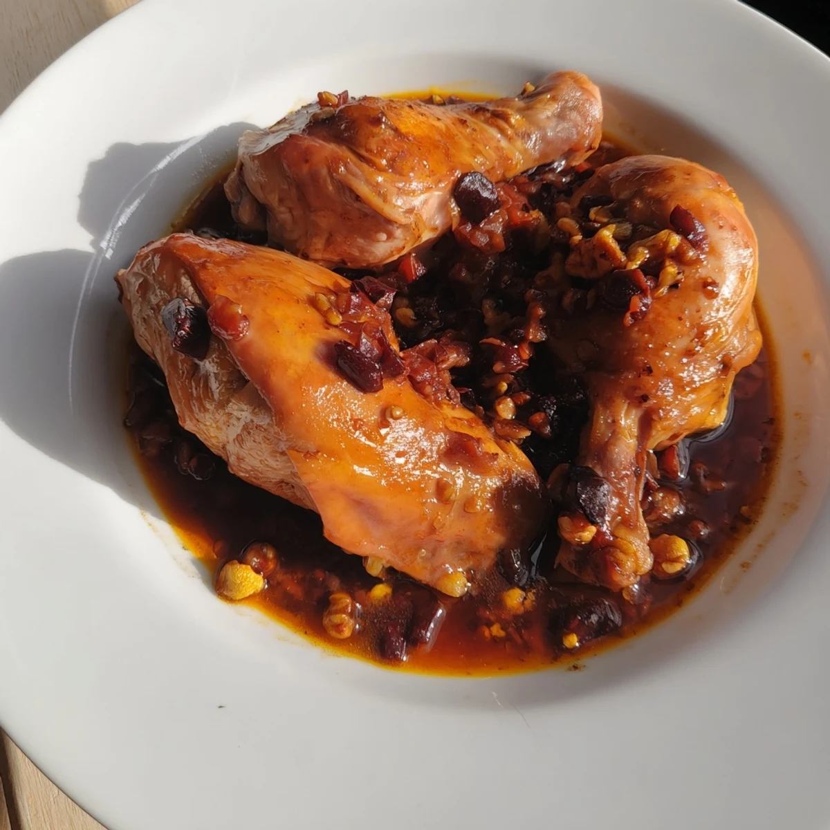 A beautiful photo of Budget Fesenjan, with a glistening, dark, savory sauce surrounding chicken.