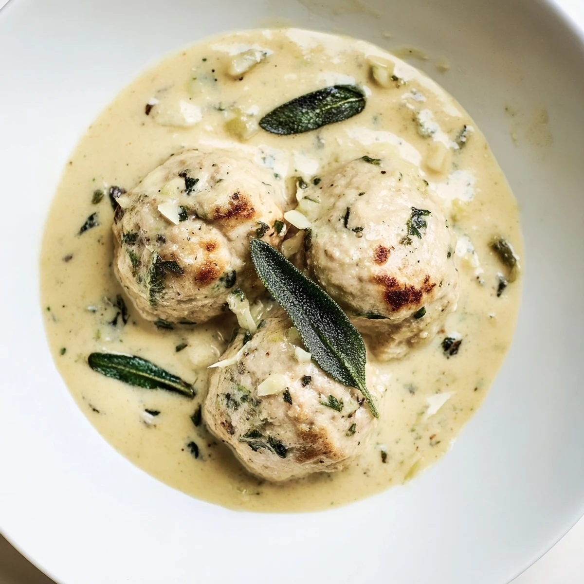 Easy turkey meatballs in pumpkin sage sauce, plated with creamy sauce, ready to savor.