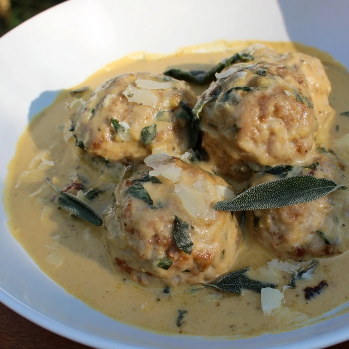 A close-up of tender, golden easy turkey meatballs swimming in pumpkin sage sauce.