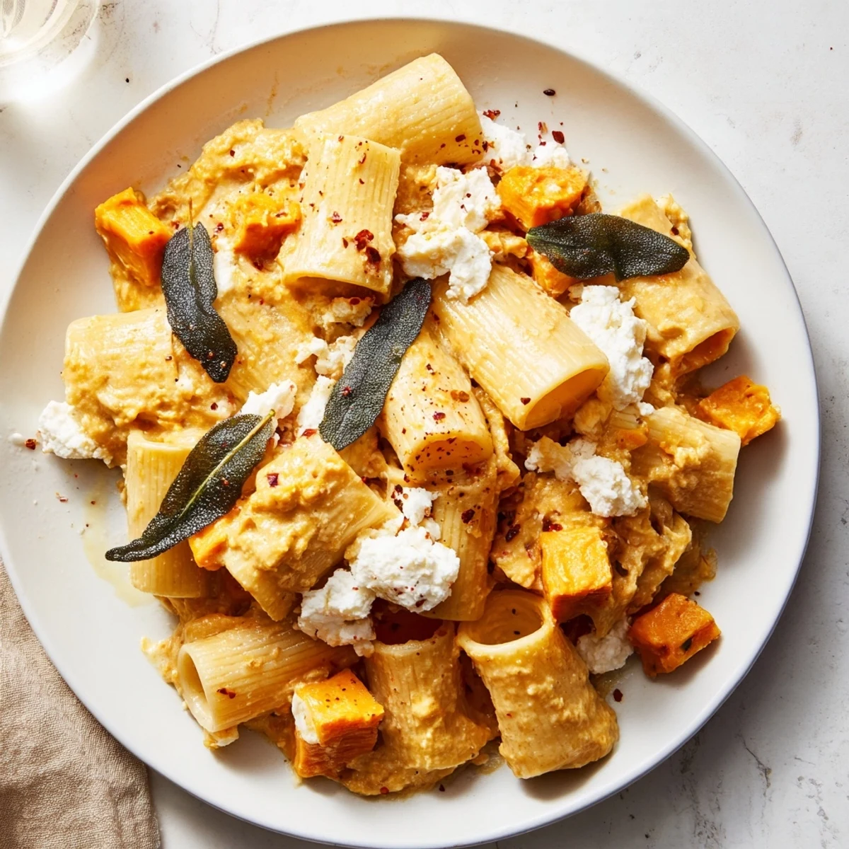 Tender roasted sweet potatoes, goat cheese, and sage elegantly mixed in this flavorful pasta dish.