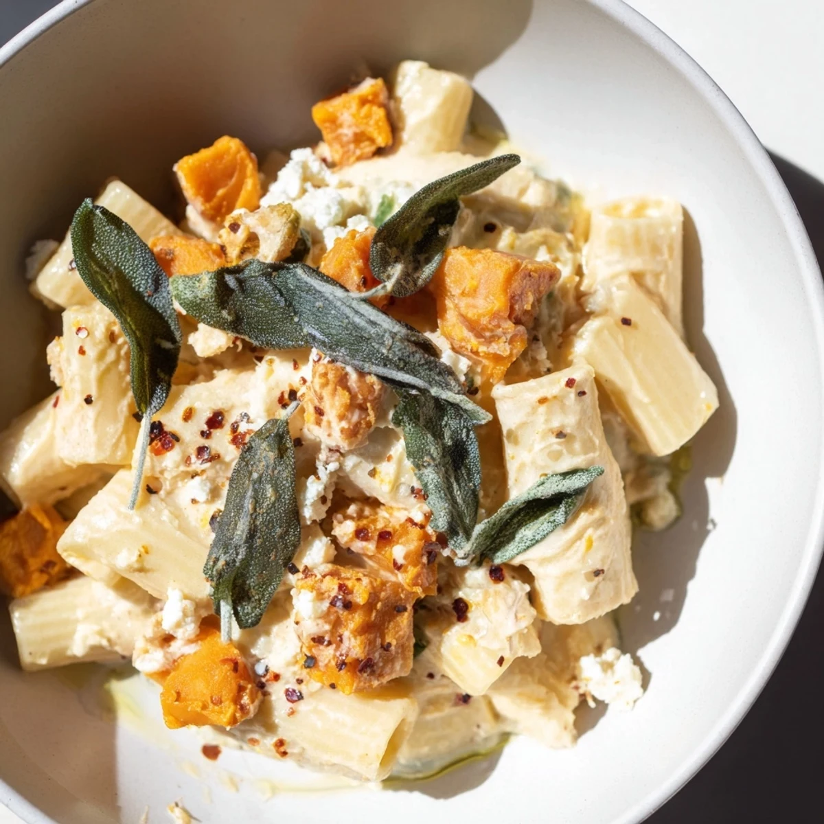 A comforting close-up: golden sweet potatoes, goat cheese, and sage in this delicious recipe.