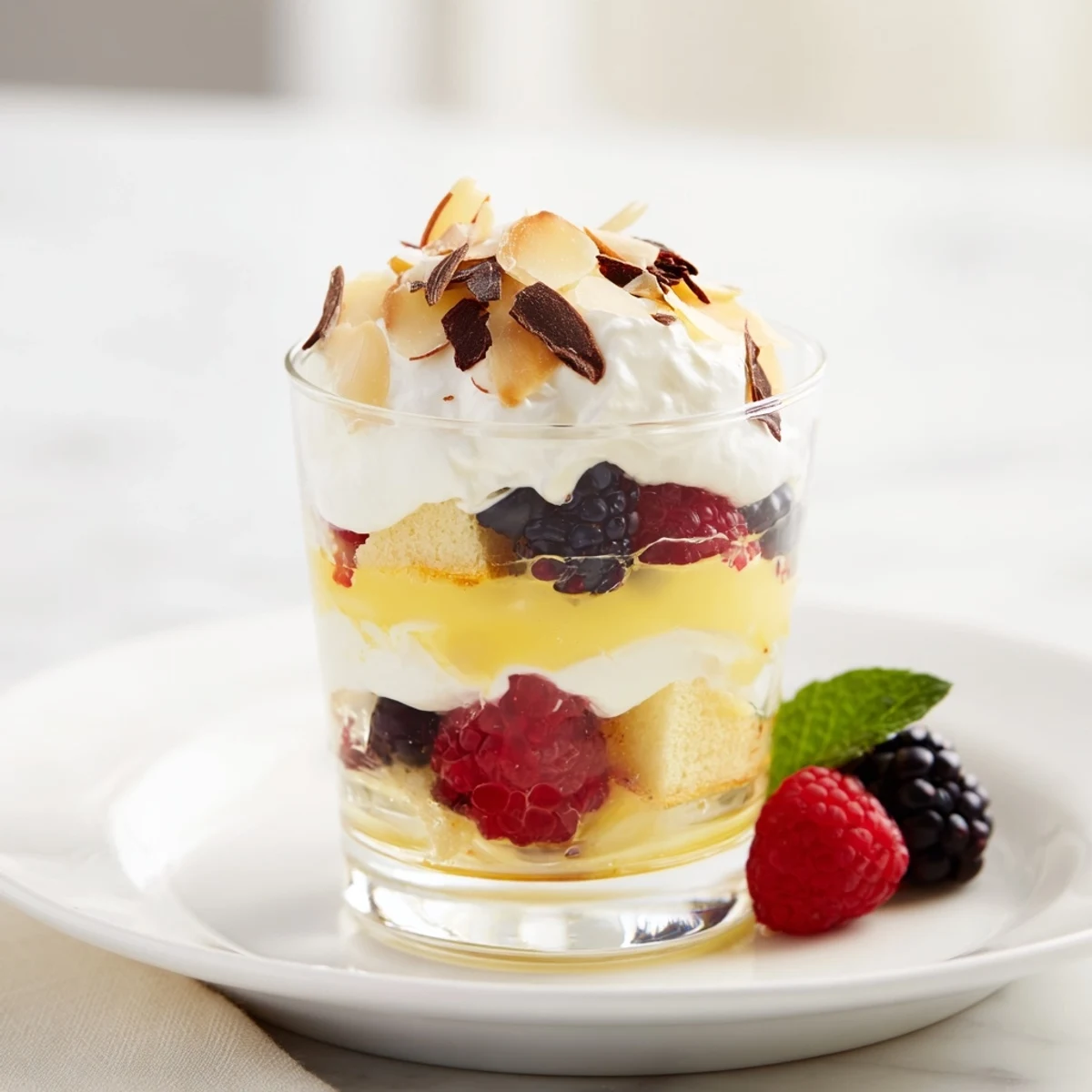 Vibrant photo: layered Simplified Christmas Trifle Cups, with fresh berries, creamy custard, and whipped cream.