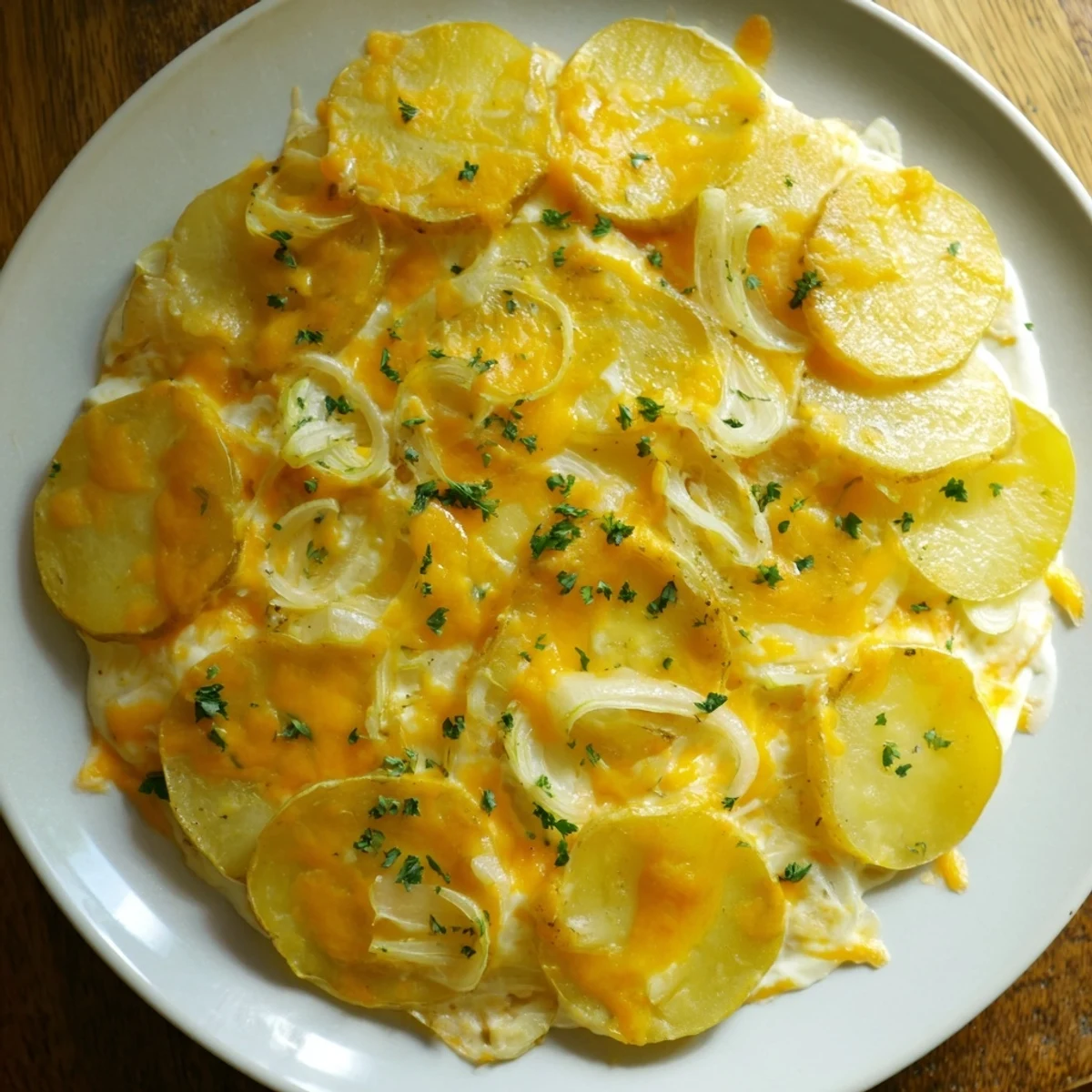 Golden and bubbling Budget-Friendly Potato Layer Bake, showcasing tender potato slices and creamy cheese sauce.