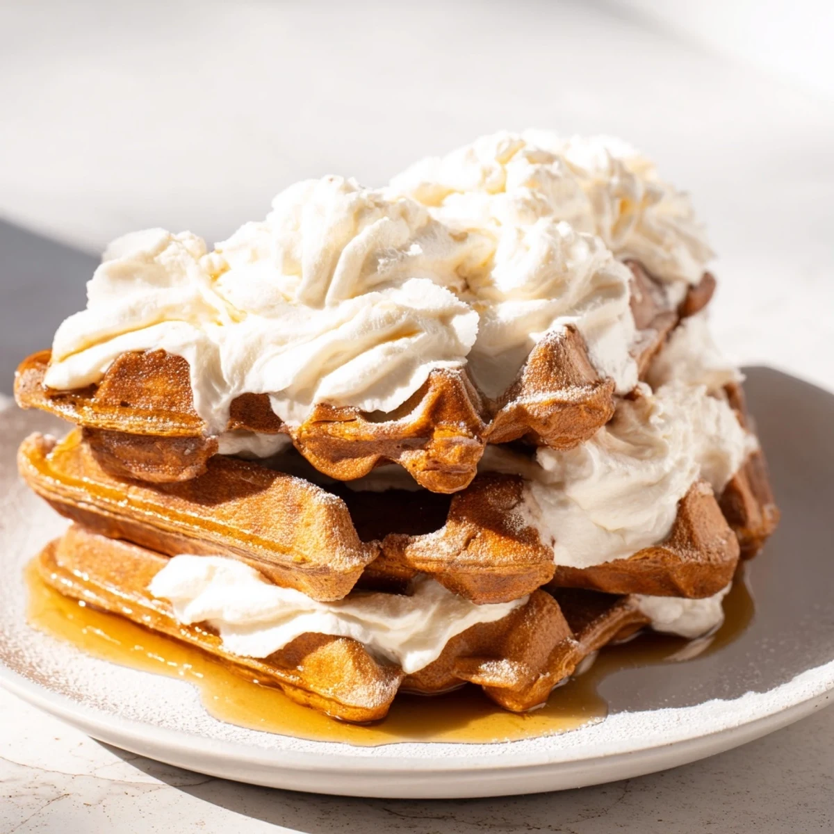 Warm, spiced Express Gingerbread Waffle Stacks, layered high with whipped cream and maple syrup.