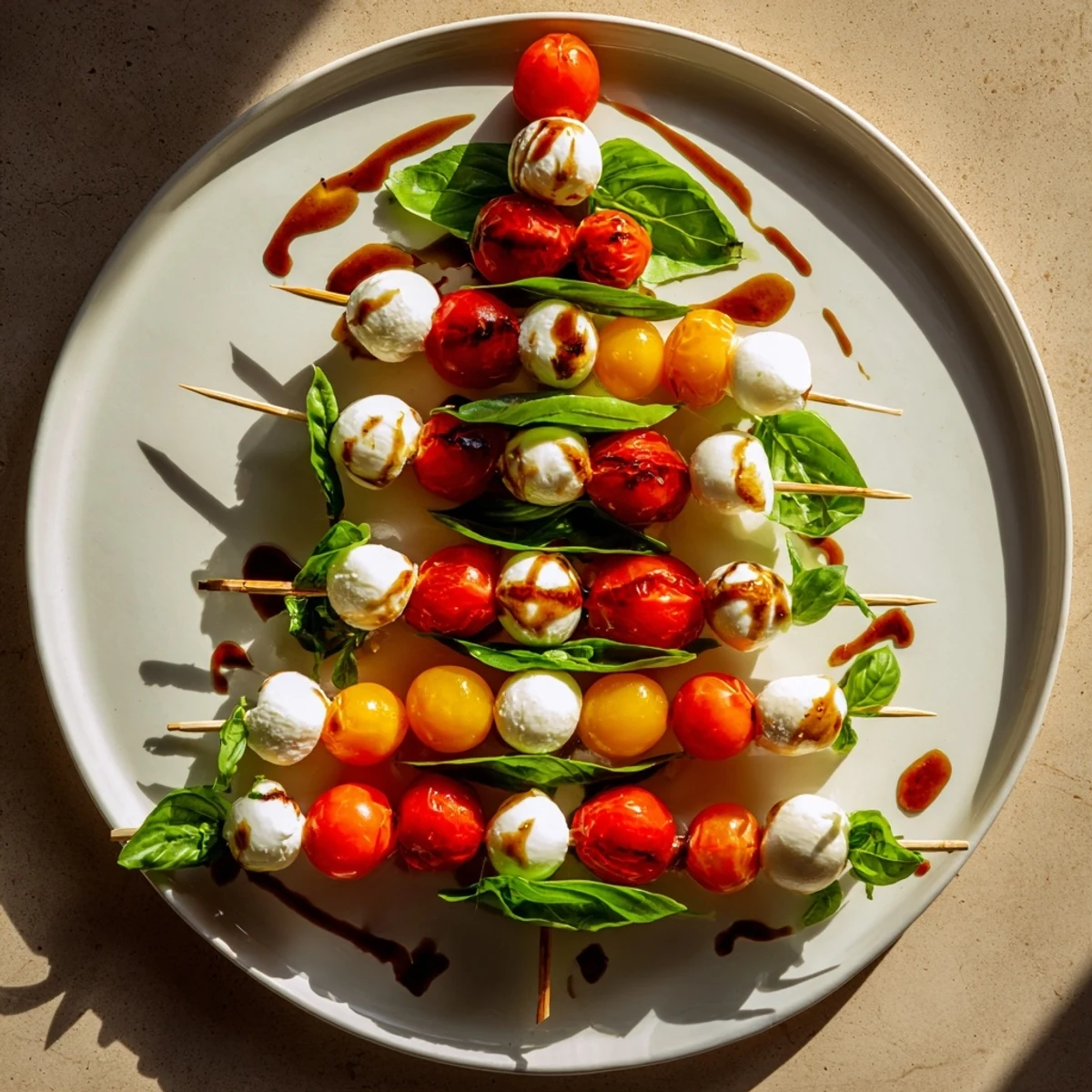 Close-up of Easy Christmas Tree Caprese Skewers on a platter, drizzled with glaze, ready to enjoy.