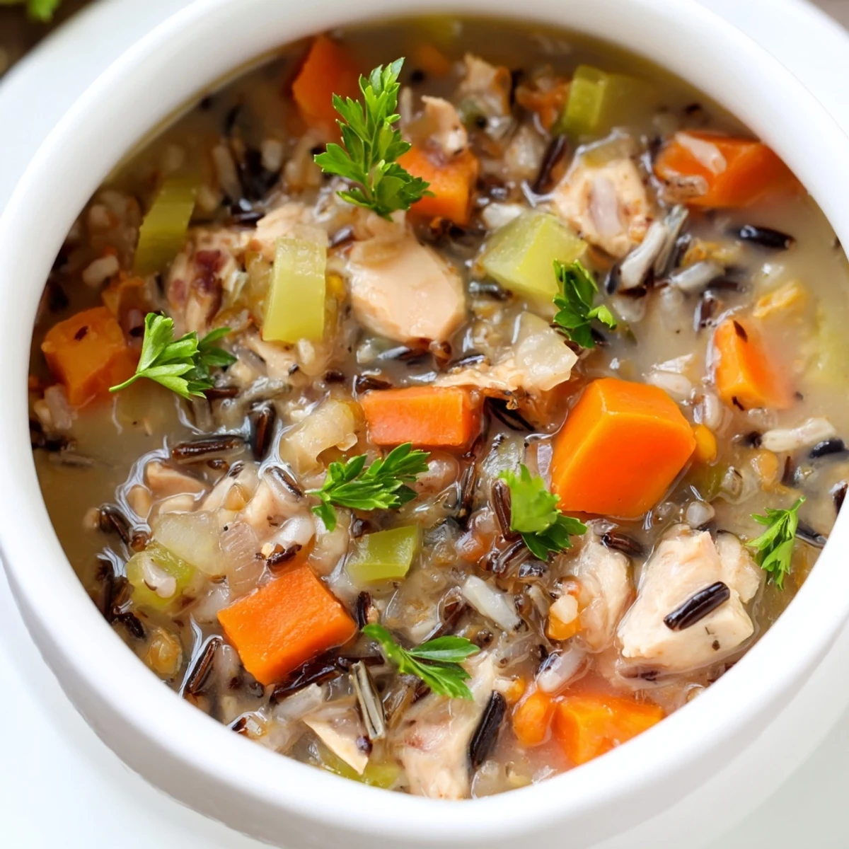 A steaming bowl of Quick Chicken and Wild Rice Soup, garnished with vibrant parsley, perfect for a cozy dinner.