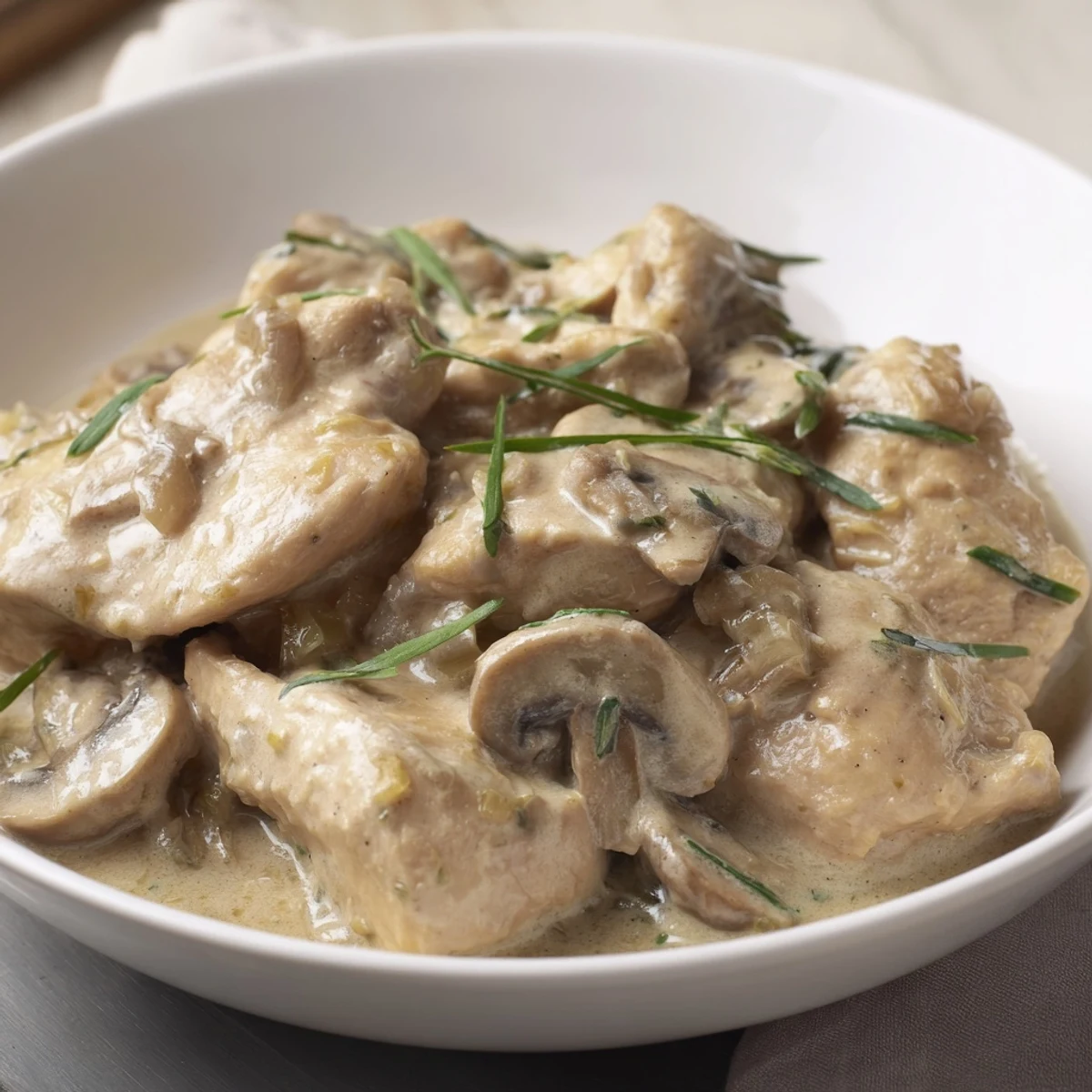 Golden chicken breasts and mushrooms swimming in a creamy tarragon sauce, a delicious skillet of flavor.