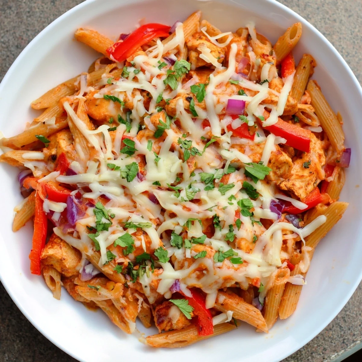 Baked Salsa Chicken Pasta, beautifully bubbly, cheese-covered, and served in a baking dish with vibrant salsa.