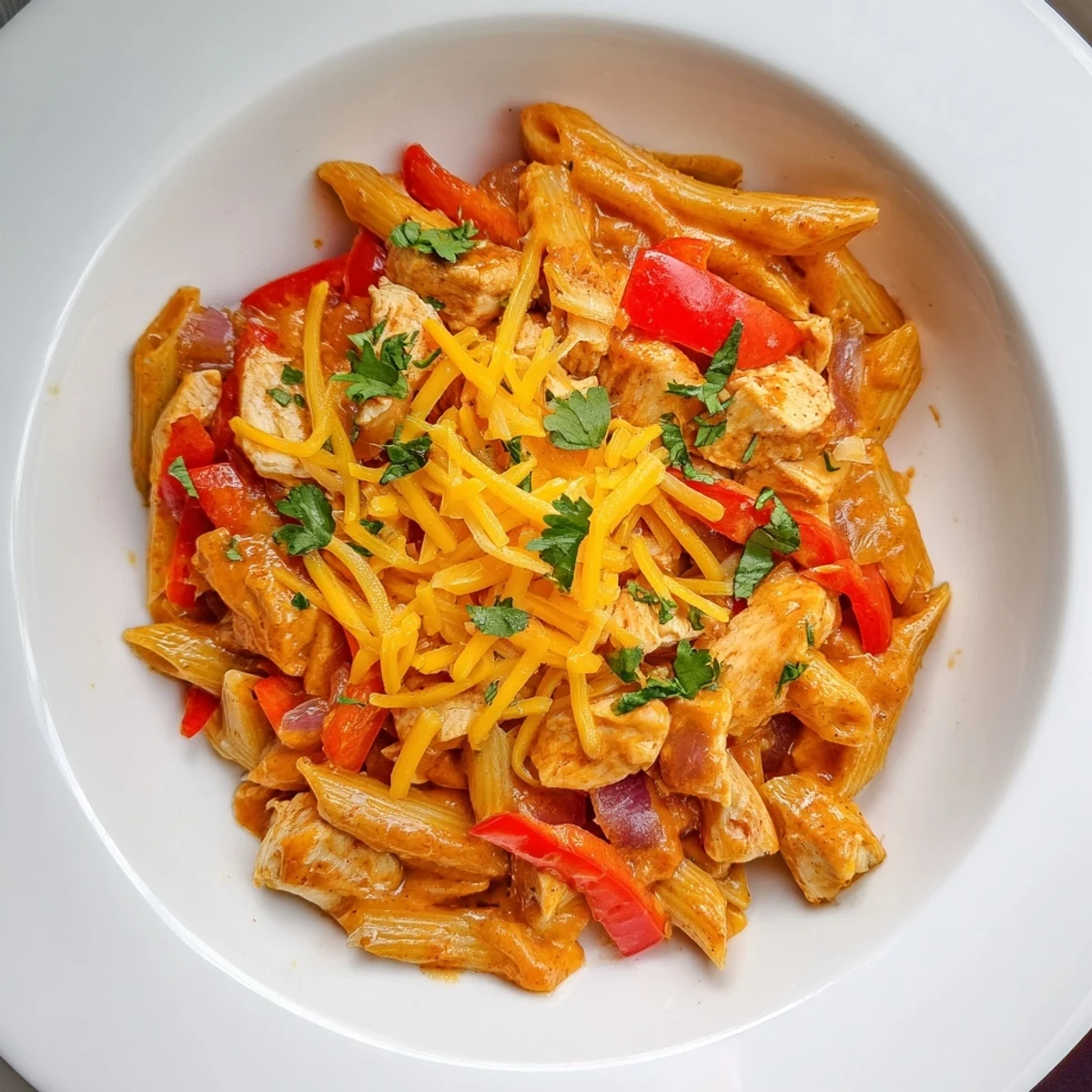 This warm Baked Salsa Chicken Pasta offers a comforting aroma of spices and melted cheddar and mozzarella.