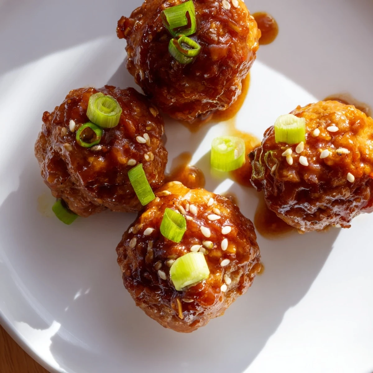 Golden, glistening Spicy Honey-Glazed Chicken Meatballs, served hot with a sticky, vibrant glaze, ready to enjoy.