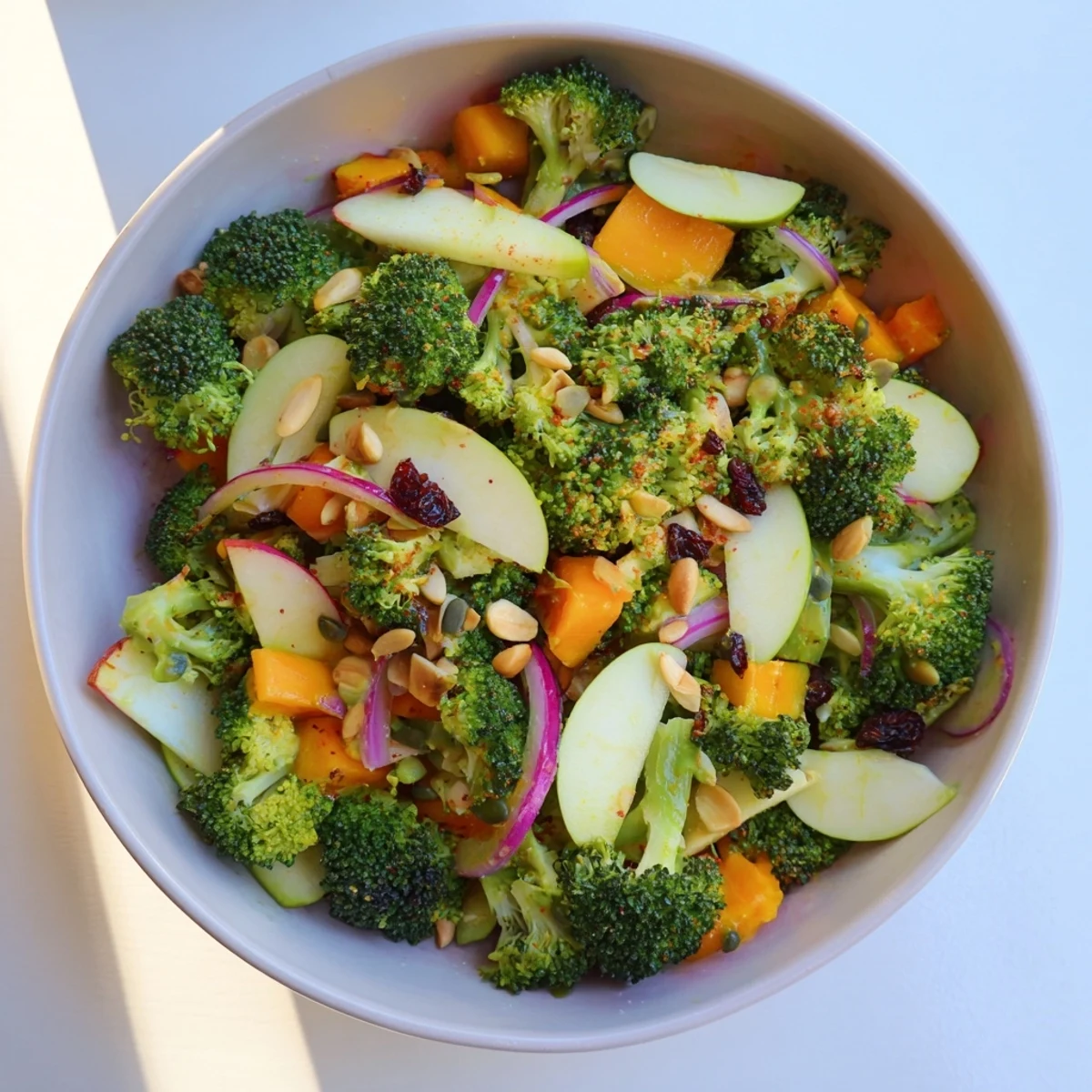 A colorful bowl of Broccoli and Apple Hot Girl Salad; a healthy, refreshing lunch full of flavor.