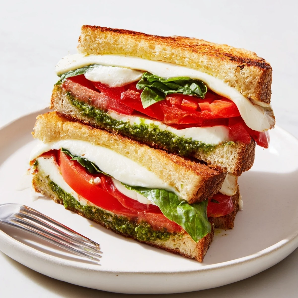 Warm, melty Caprese Pesto Panini-Style Grilled Cheese, golden-brown crust, oozing with fresh mozzarella and basil.