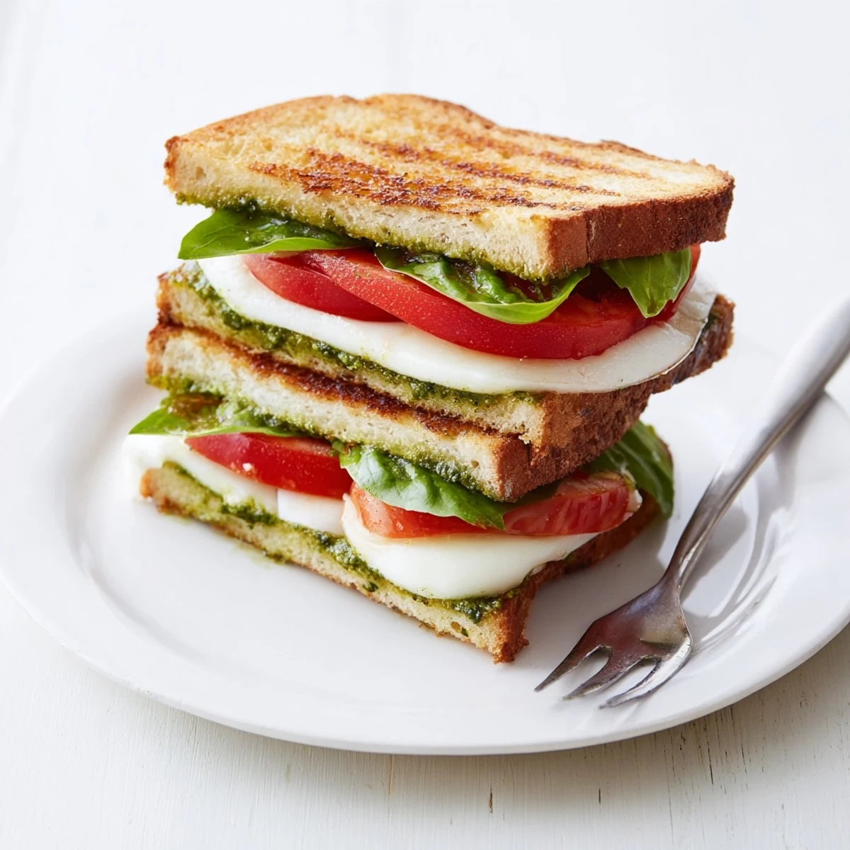 Crispy and cheesy, a Caprese Pesto Panini-Style Grilled Cheese showcases perfectly melted mozzarella and fresh basil filling.