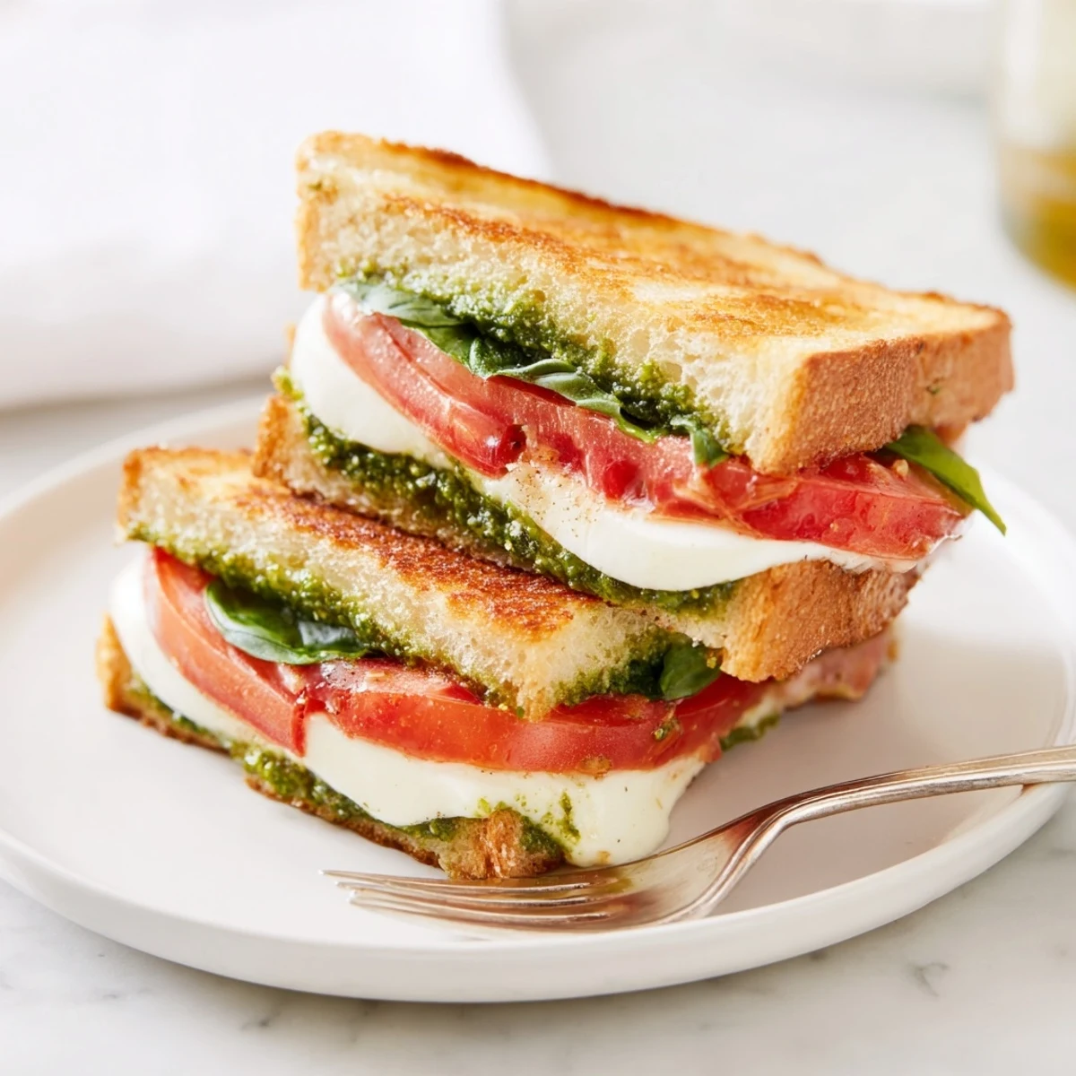 A delicious Caprese Pesto Panini-Style Grilled Cheese, sliced and ready to serve, with juicy tomatoes and flavorful pesto.