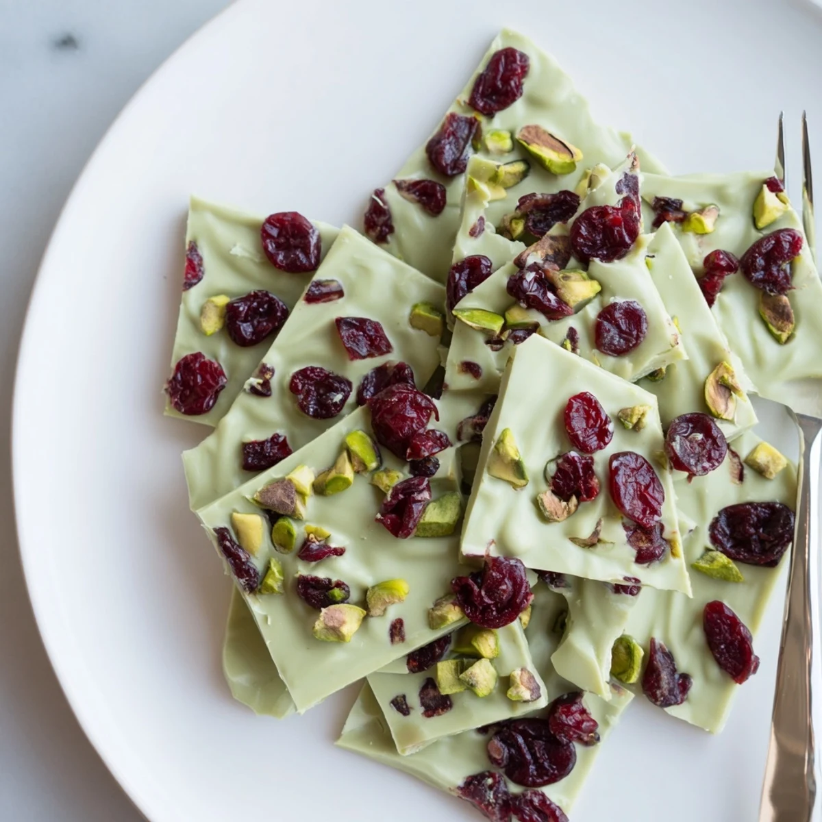Matcha White Chocolate Cranberry Bark Clusters, a vibrant treat with delightful green swirls, ready to savor.