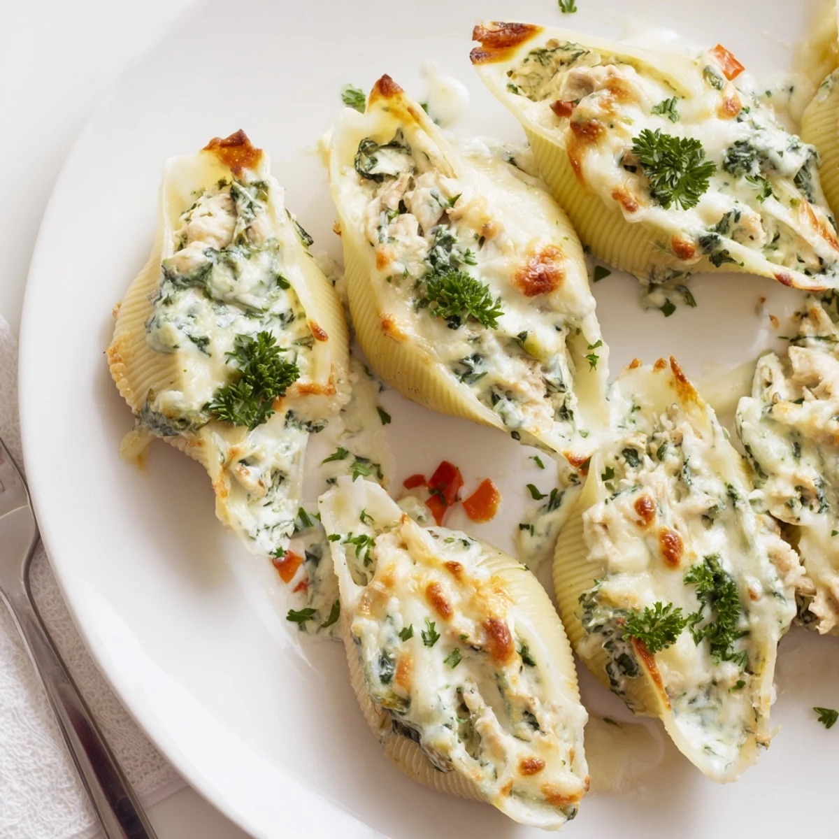 Close-up of baked High-Protein Cottage Cheese Alfredo Christmas Shells, flavorful with parsley and roasted red peppers.