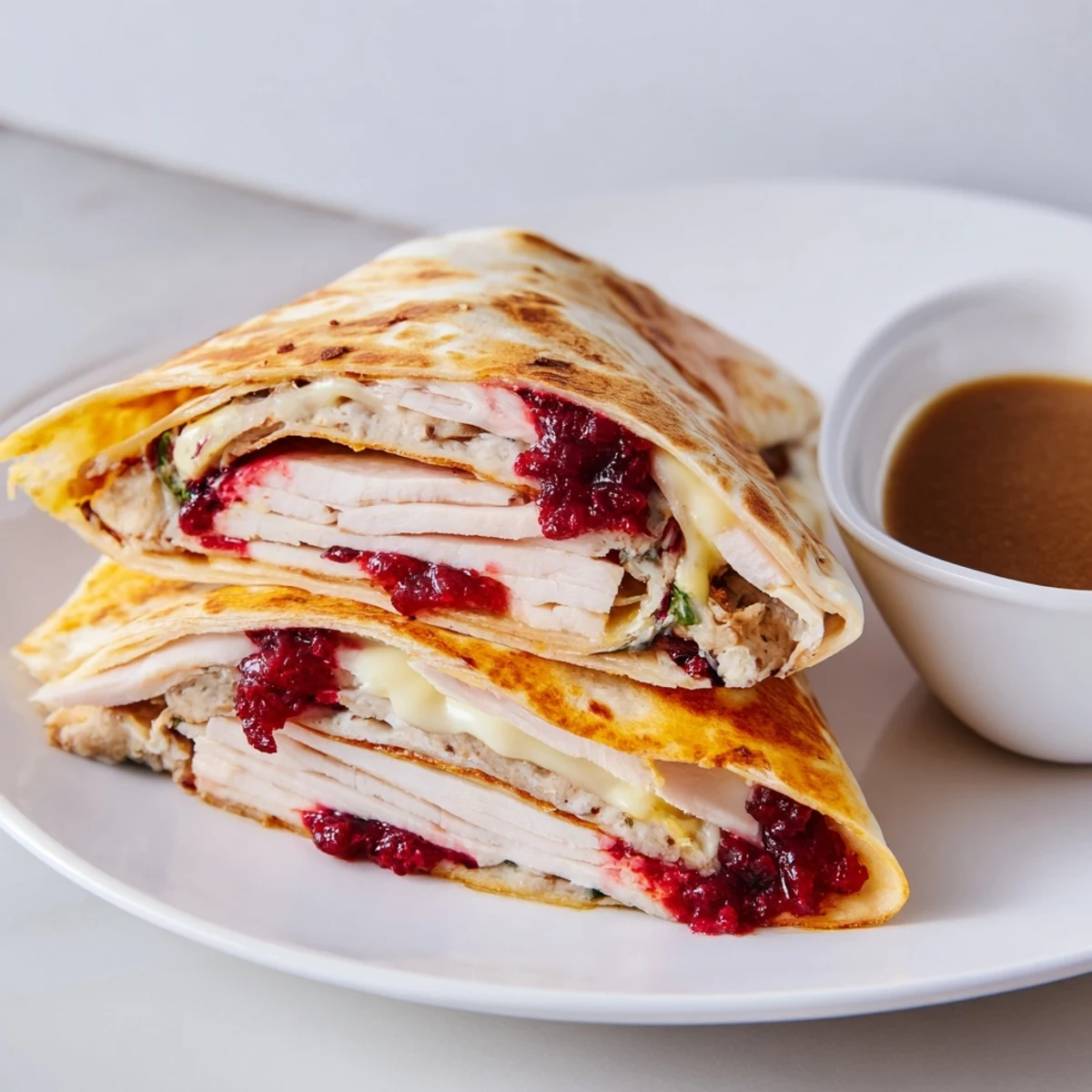 Crispy golden Turkey, Stuffing & Cranberry Leftovers Tortilla Wrap, perfectly layered and ready to eat.