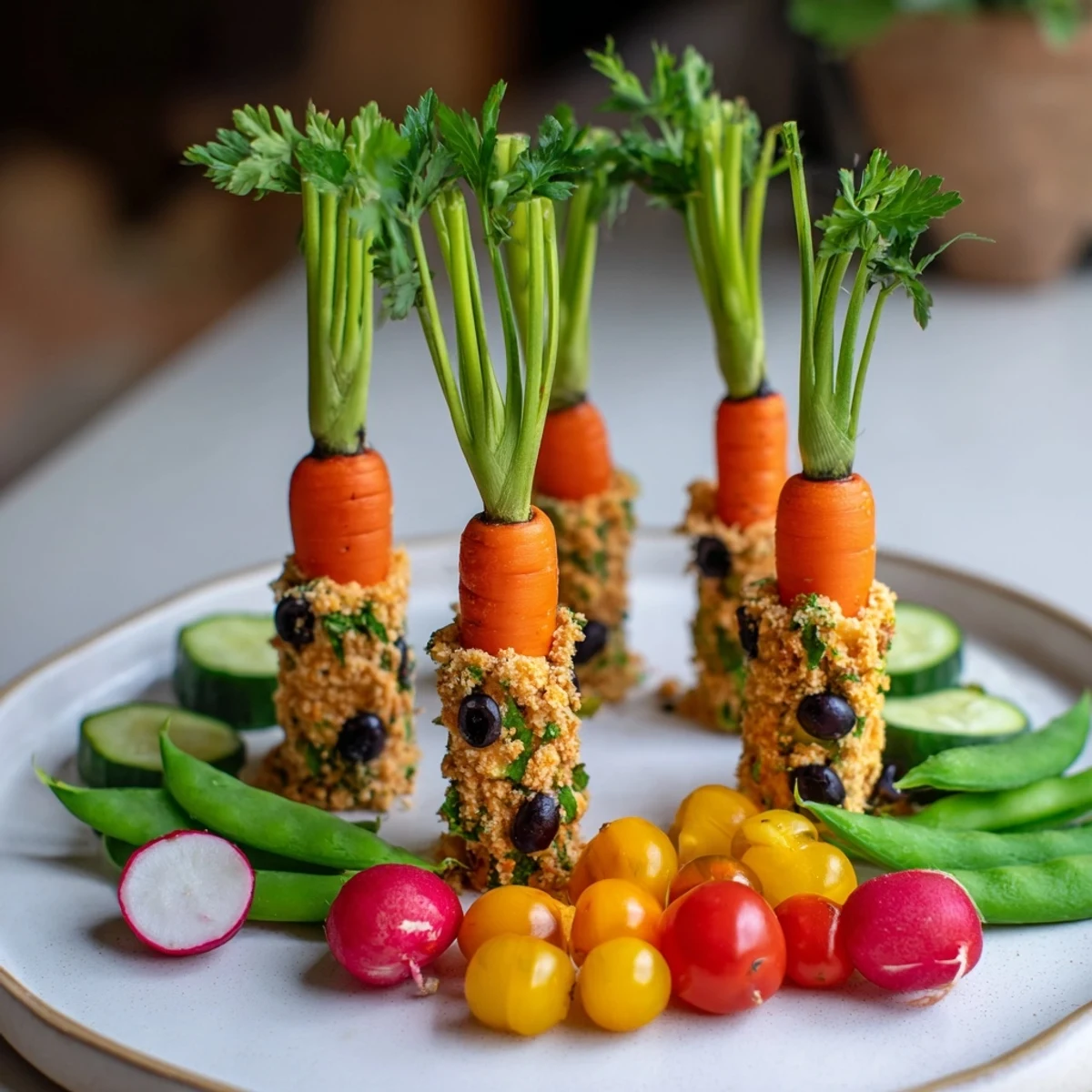 Vibrant Carrot Patch Veggie Board features colorful vegetables arranged with creamy "soil" hummus.