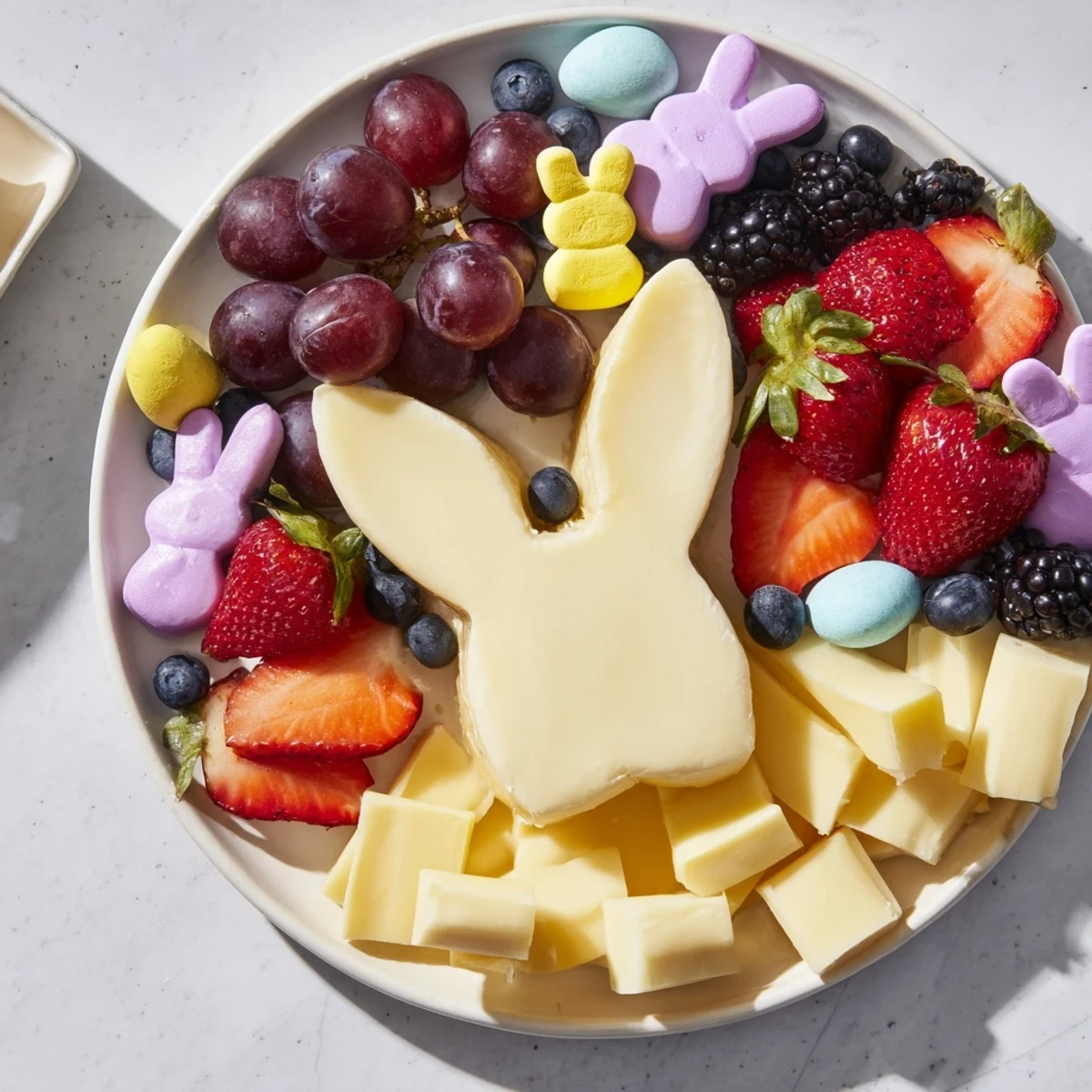 A festive Bunny Ears Easter Board featuring a colorful array of fresh fruits and delicious snacks.