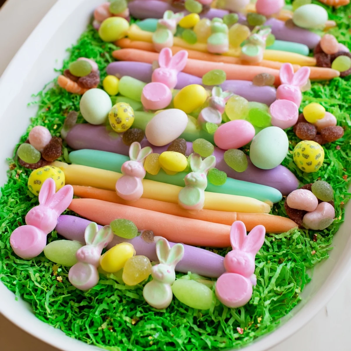 A close-up view of the festive Egg-Shaped Candy Platter with a bounty of sweet treats.