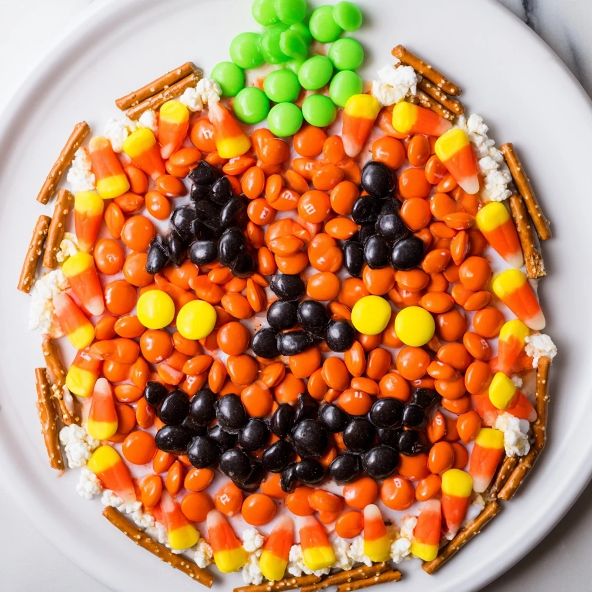 Brightly colored Jack-o-Lantern Candy Board, a sweet Halloween dessert, packed with orange and black candies.