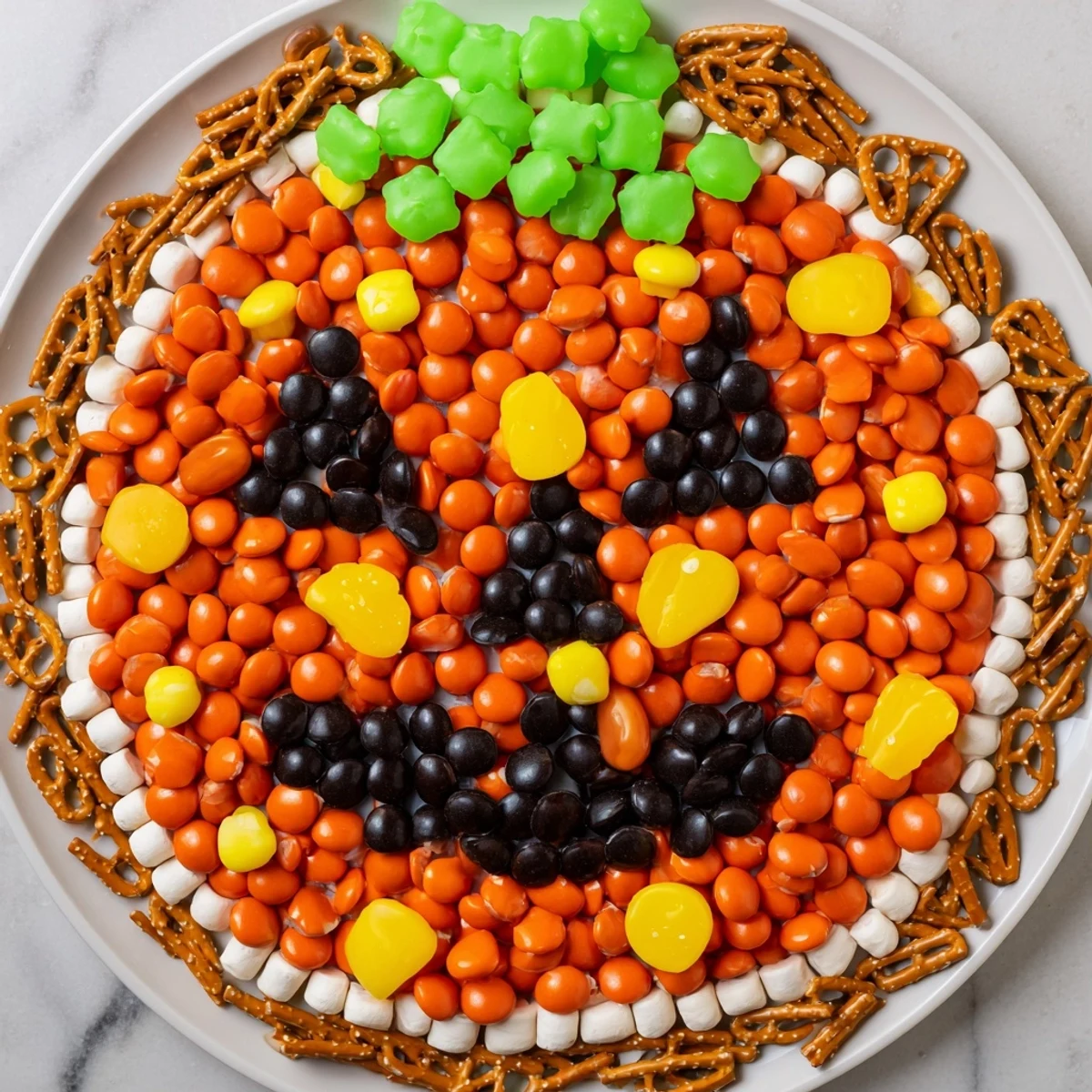 A cheerful Jack-o-Lantern Candy Board, overflowing with colorful candies for a fun, festive Halloween treat.
