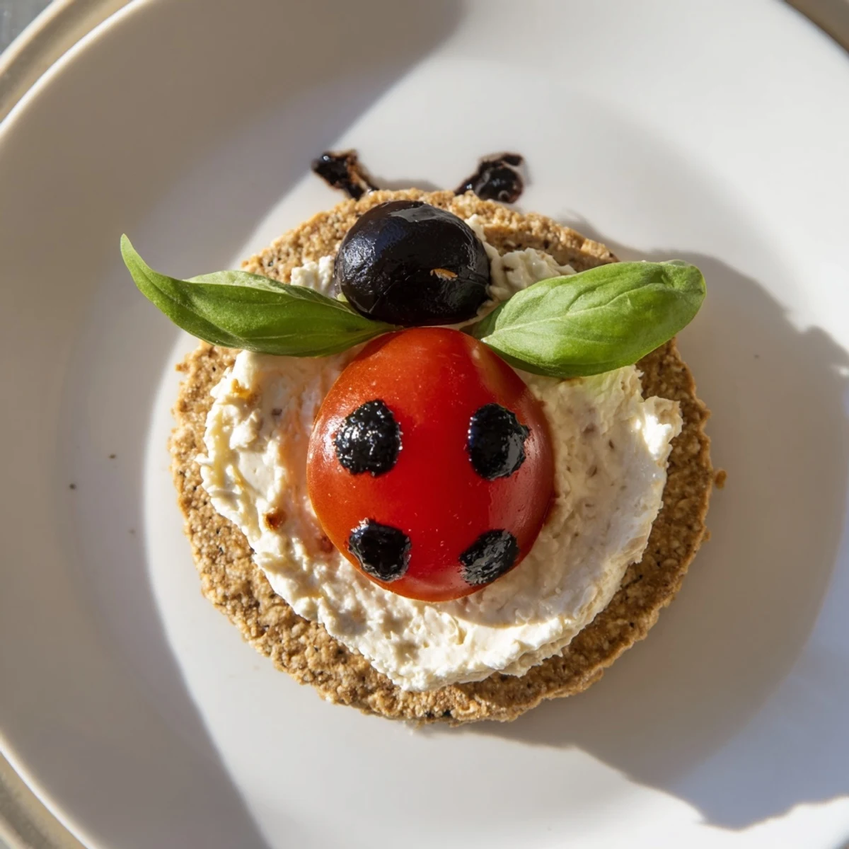 Ladybug Love Picnic Finger Foods: Cream cheese-topped crackers with tomato ladybug bodies, perfect for picnics.