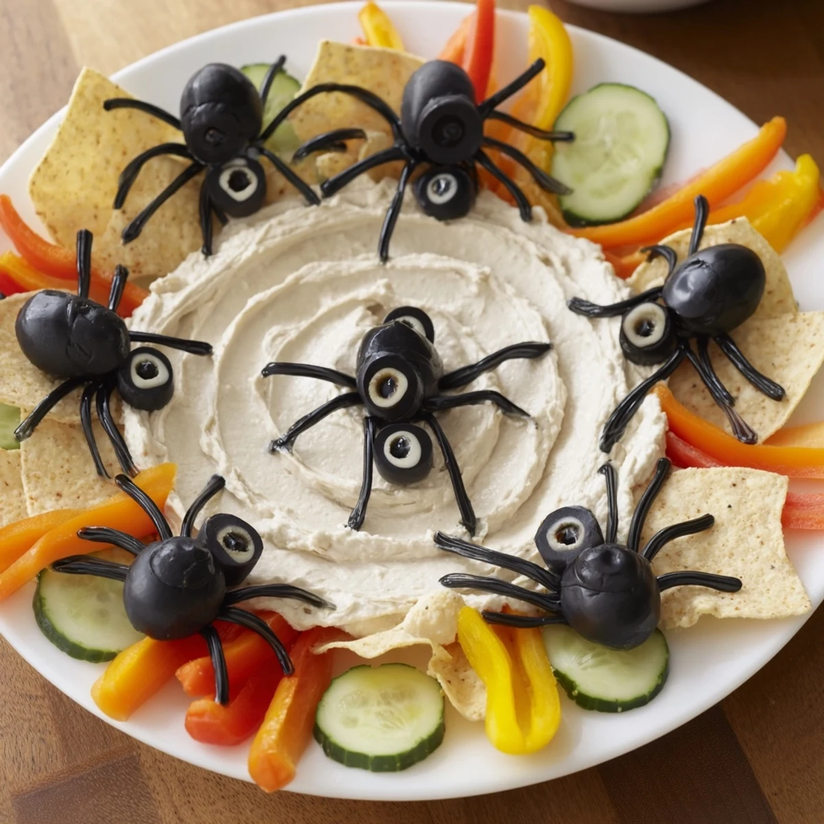 Get ready for a delicious Creepy Crawly Spiderweb Platter with crunchy veggies surrounding the dip.