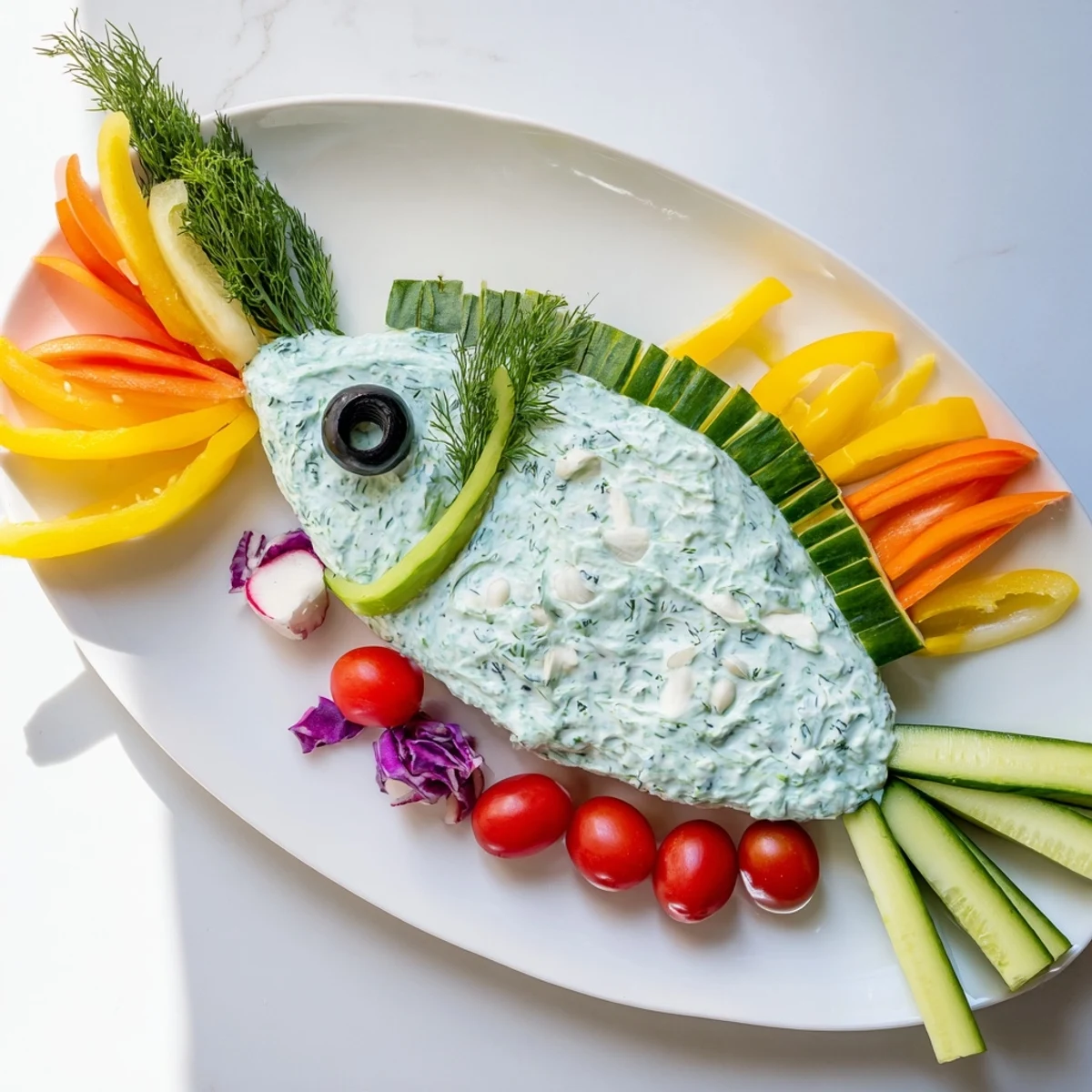 This Ocean Blue Fish-Shaped Dip Tray showcases fresh veggies surrounding flavorful herbed and blue ranch dips.