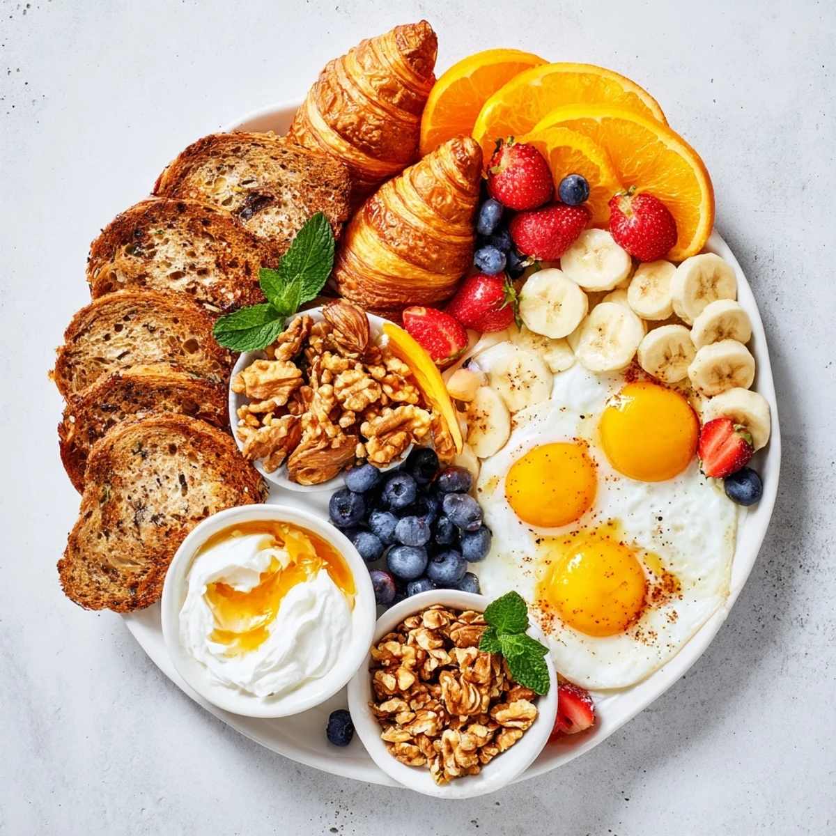 Indulge in this sunny Soleil Matinal breakfast; imagine perfectly cooked eggs with fresh fruit and honey.