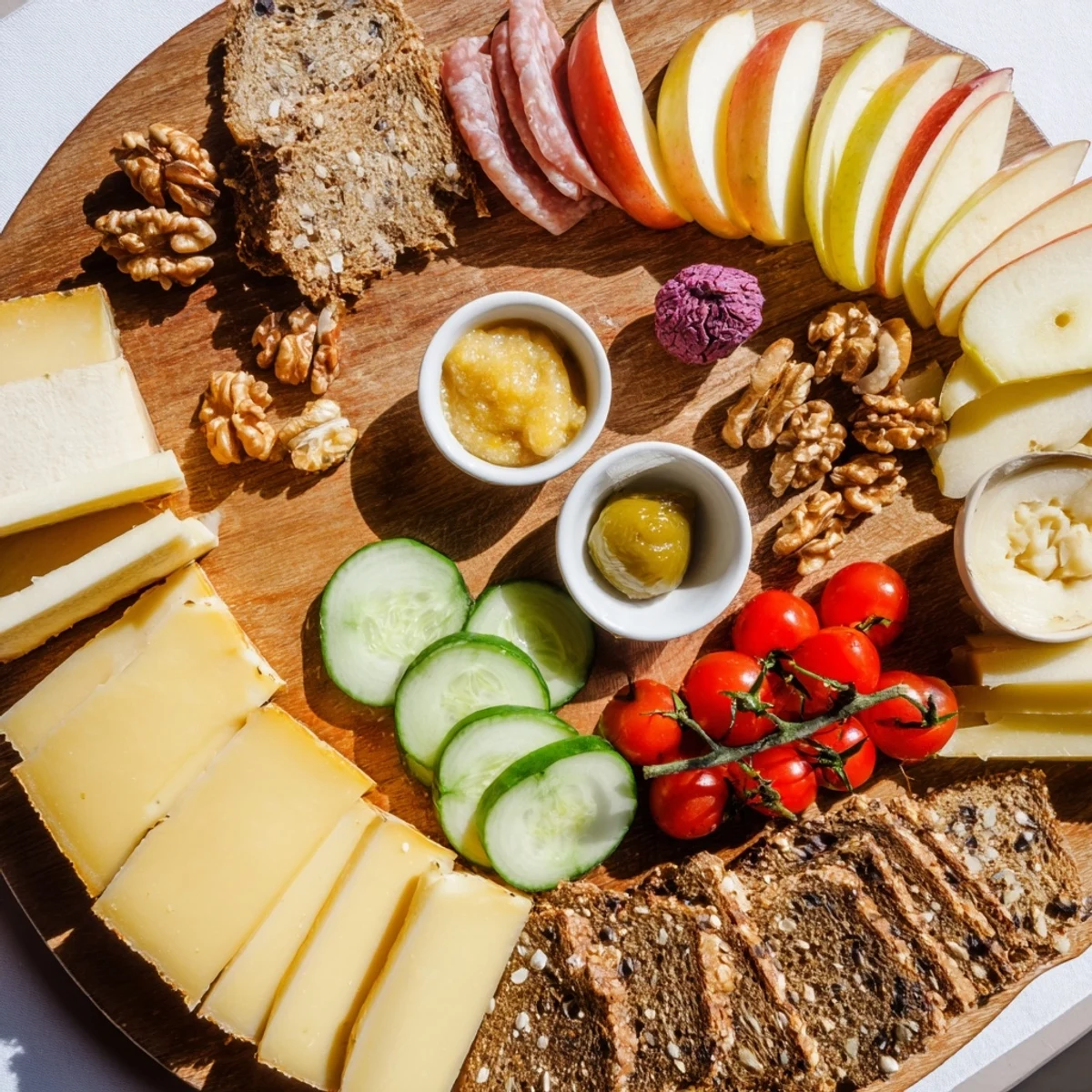 A close-up of a colorful Planche Montagne Aventure Collation cheese and meat board, ready to enjoy.