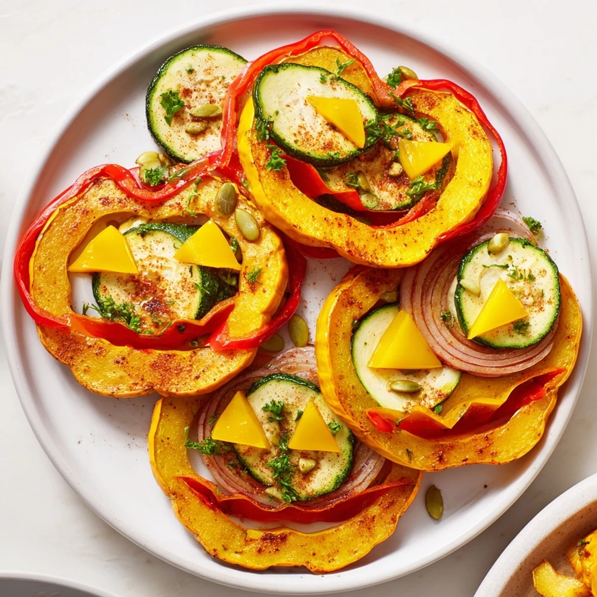 Pumpkin Lantern Halloween Plate: Roasted pumpkin slices and colorful bell peppers create a festive Halloween appetizer.