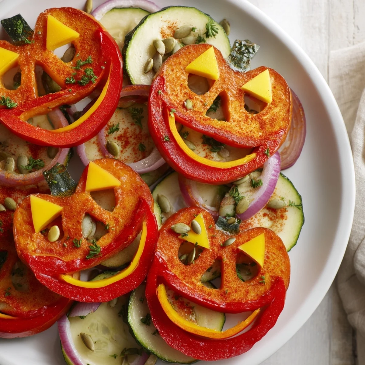 Vibrant Pumpkin Lantern Halloween Plate dish, featuring perfectly roasted vegetables as a jack-o-lantern for your meal.