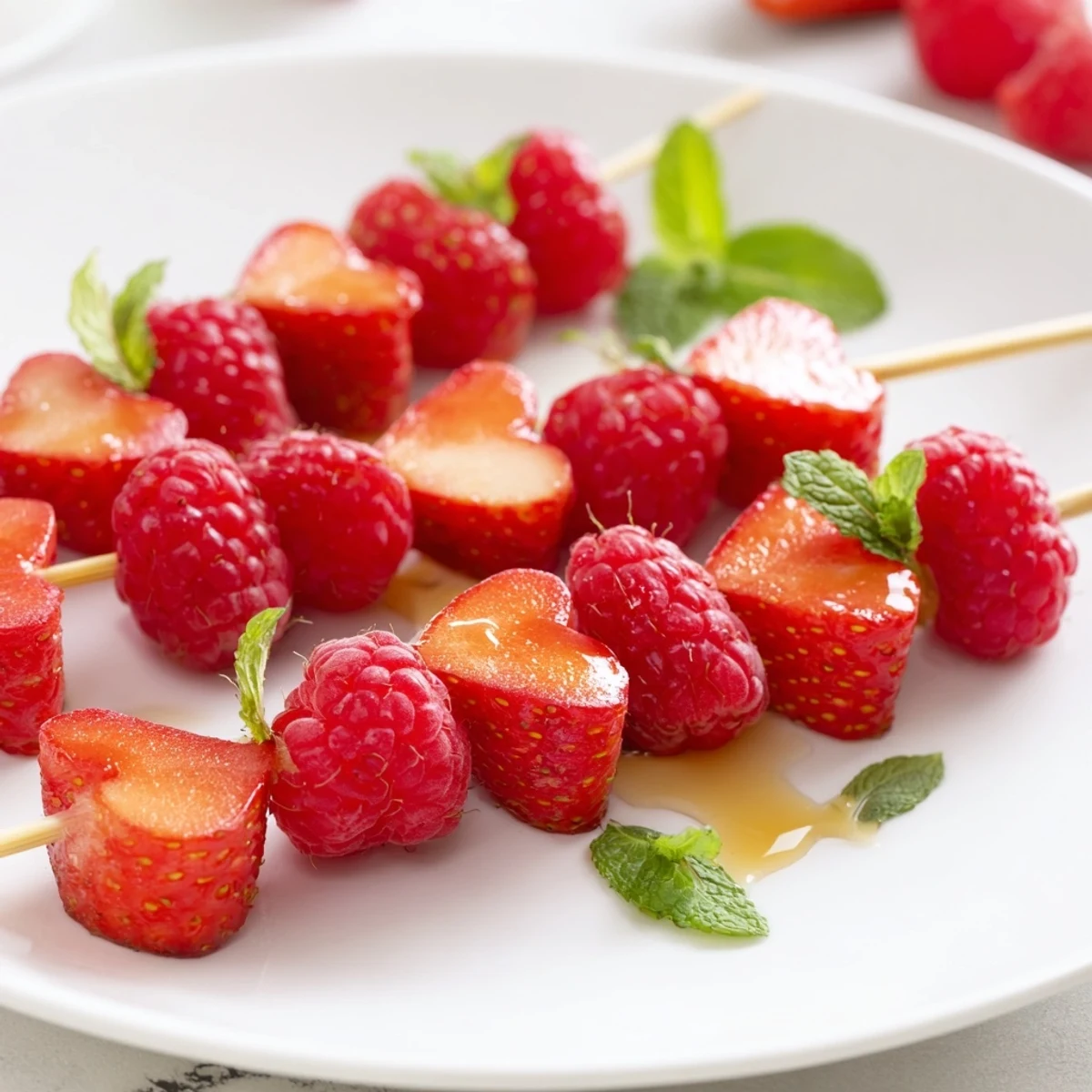 Freshly assembled Red Heart Fruit Skewers with bright red hearts make a simple, healthy dessert option.