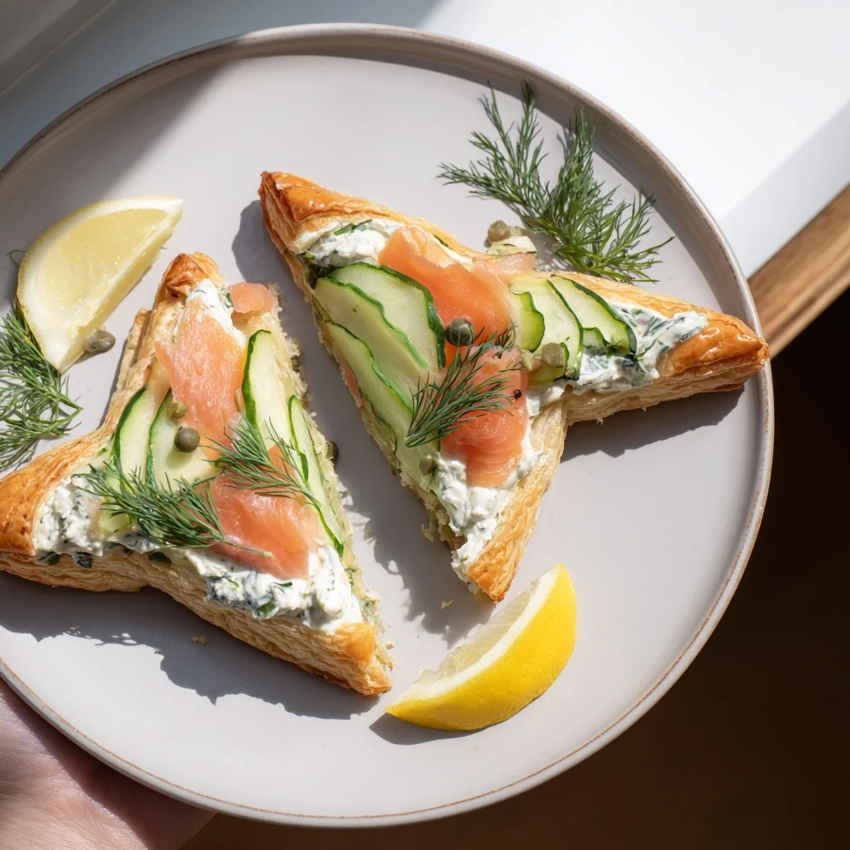 Golden Étoiles Filantes Assiette de Fin dAnnée appetizer with flaky pastry stars and delicious smoked salmon.