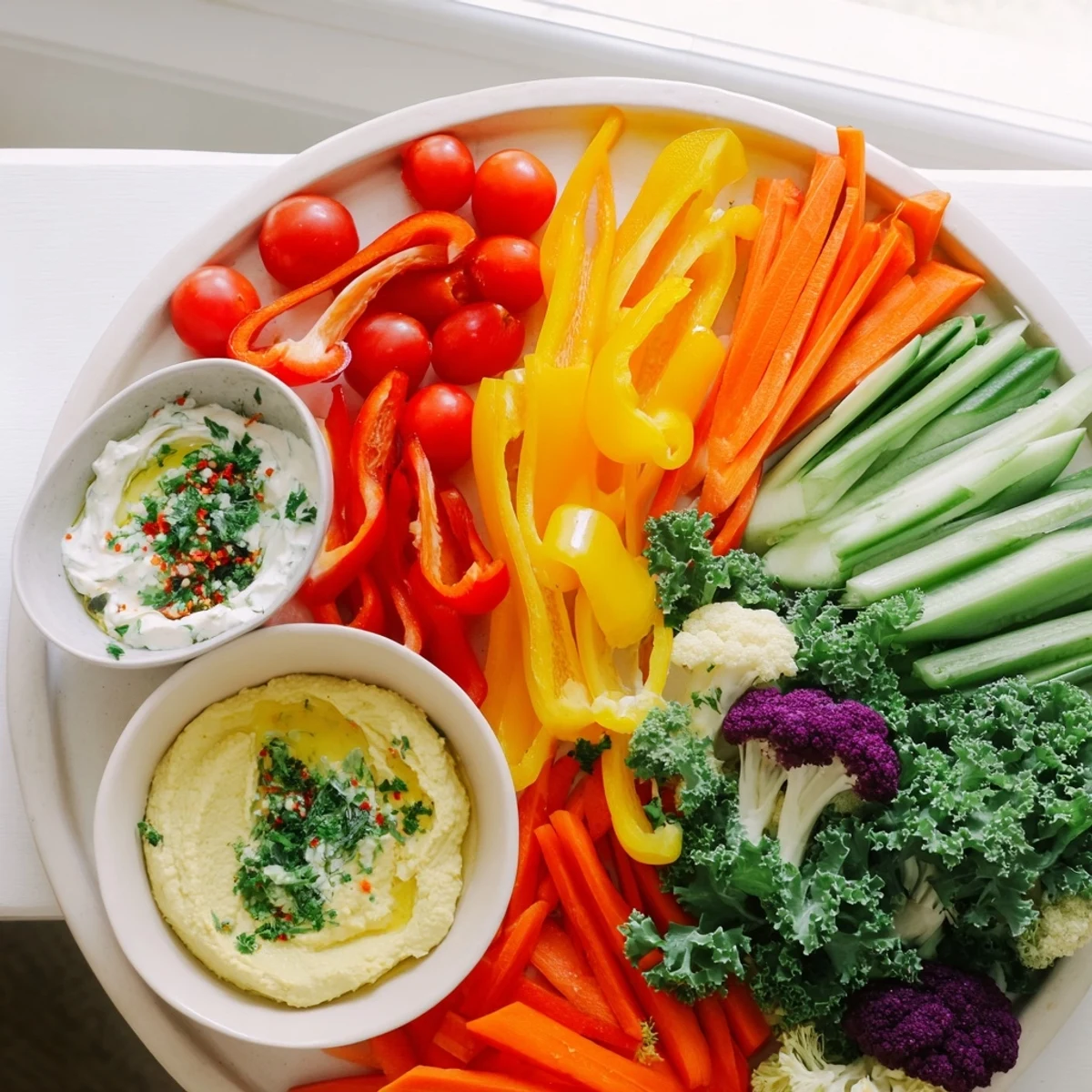 Colorful Rainbow Vegetable Dips platter, featuring fresh carrots, peppers, and vibrant homemade dips.
