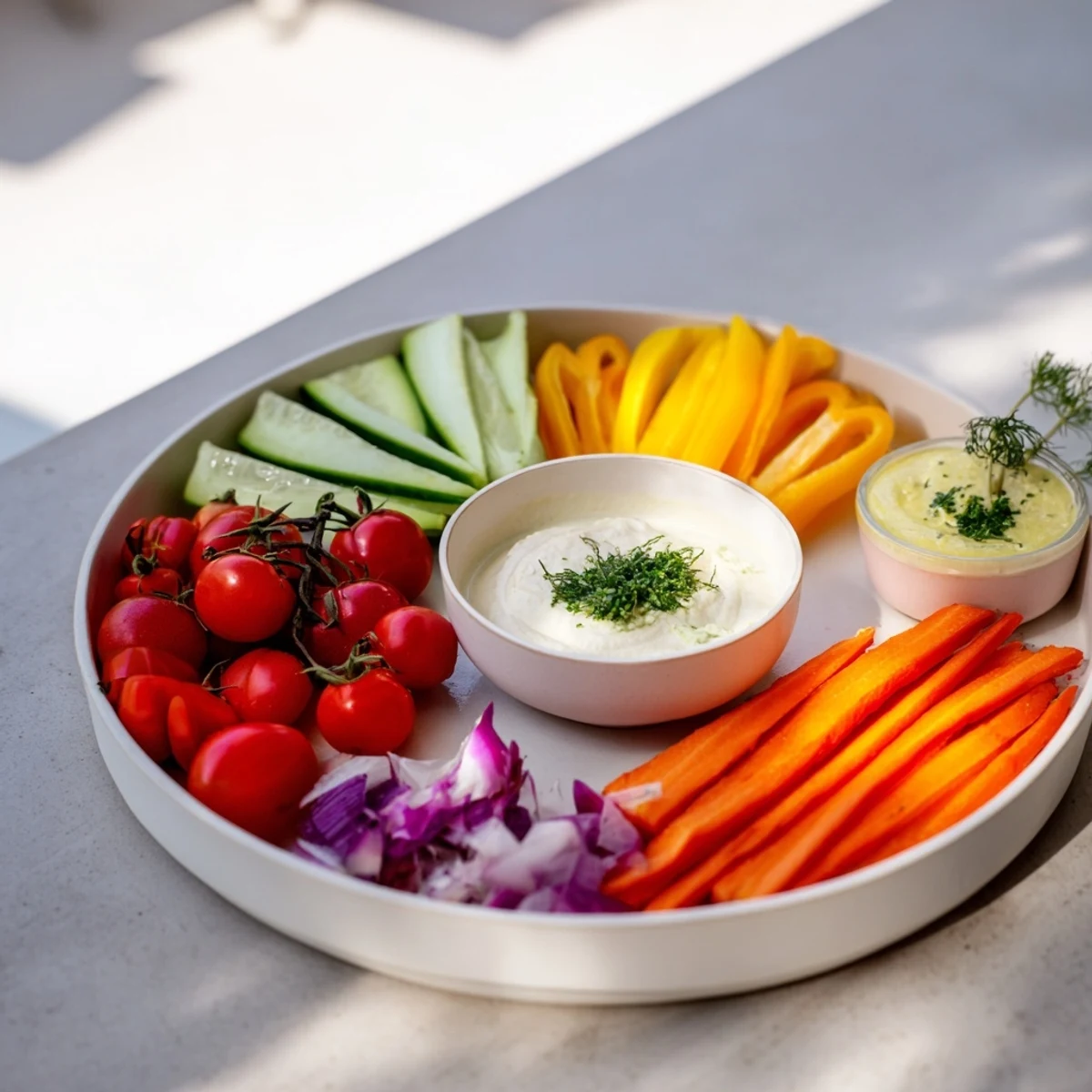 Fresh Rainbow Vegetable Dips with bright, colorful vegetables and creamy dips, ready to enjoy.