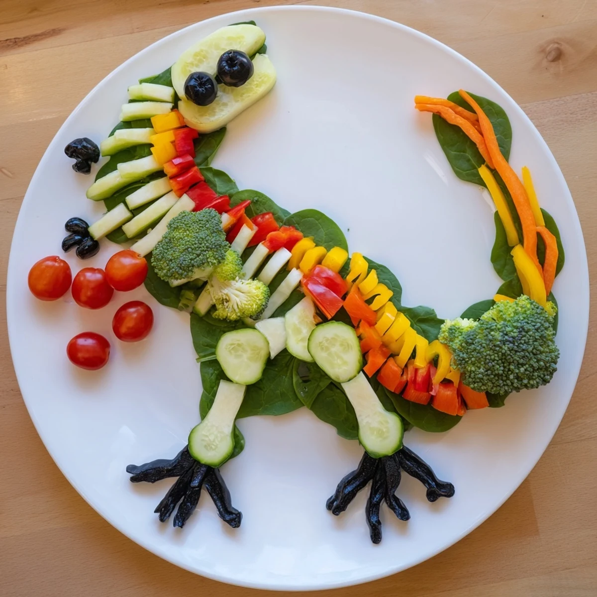 Colorful T-Rex Fossil Crudités arranged on a platter, ready to be enjoyed with creamy yogurt dip.
