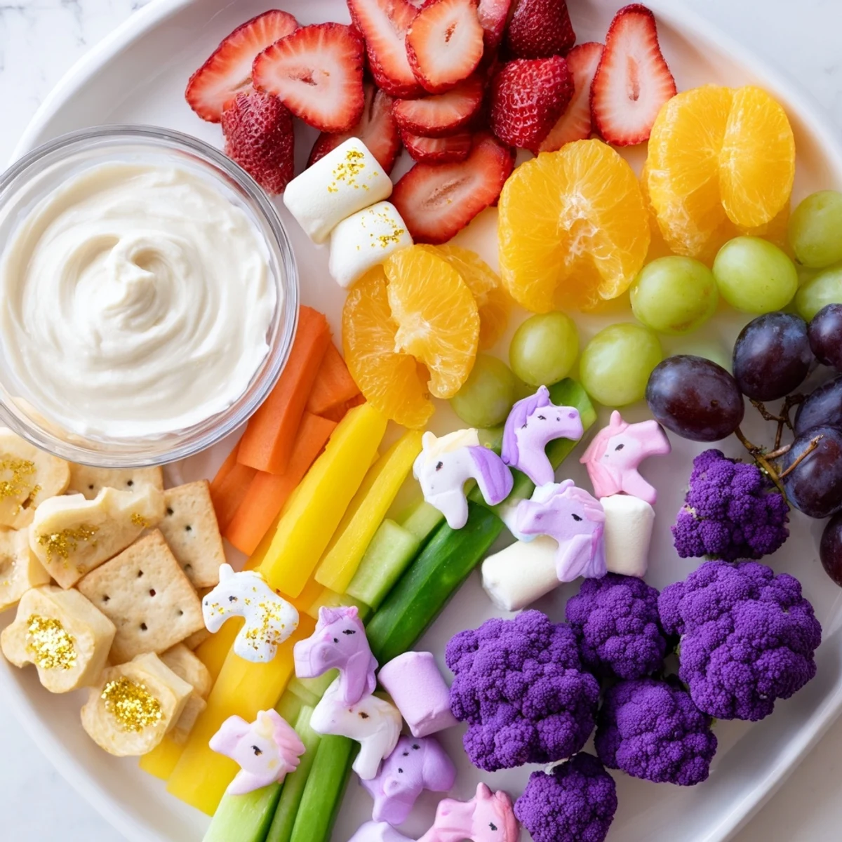 Magical Unicorn Rainbow Snack Board displaying colorful fruit, veggies, and dips for a festive, easy-to-create party platter.