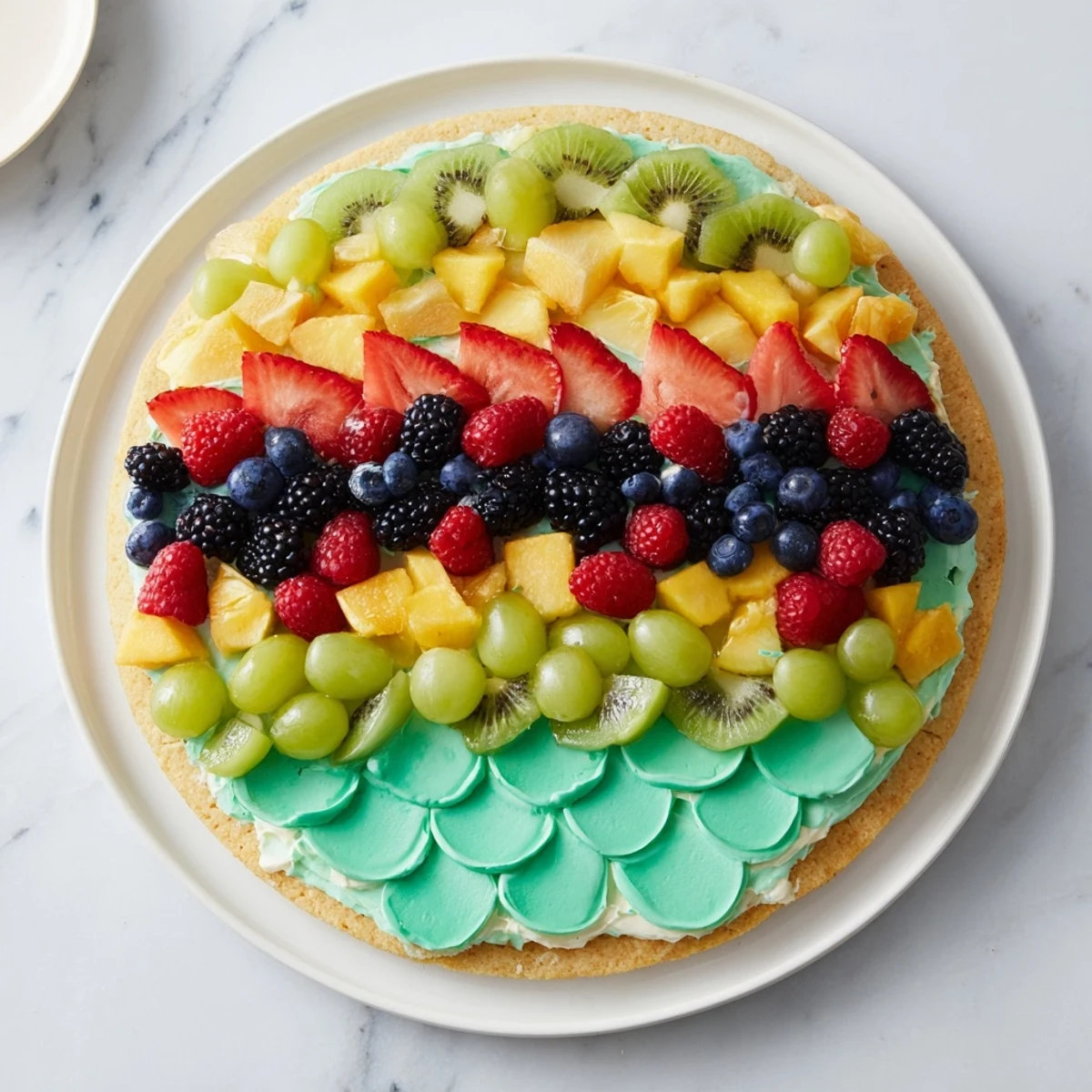 Vibrant Under the Sea: Mermaid Tail Fruit Pizza with colorful fruit scales against creamy frosting.