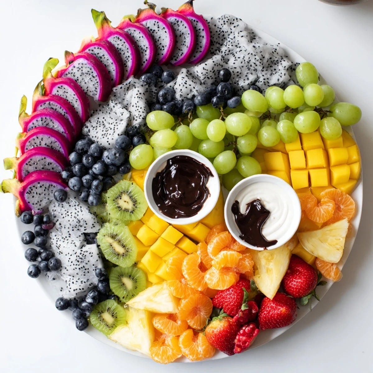 Dragon Scales Fruit Board with colorful, layered fruits and creamy yogurt/chocolate dips.