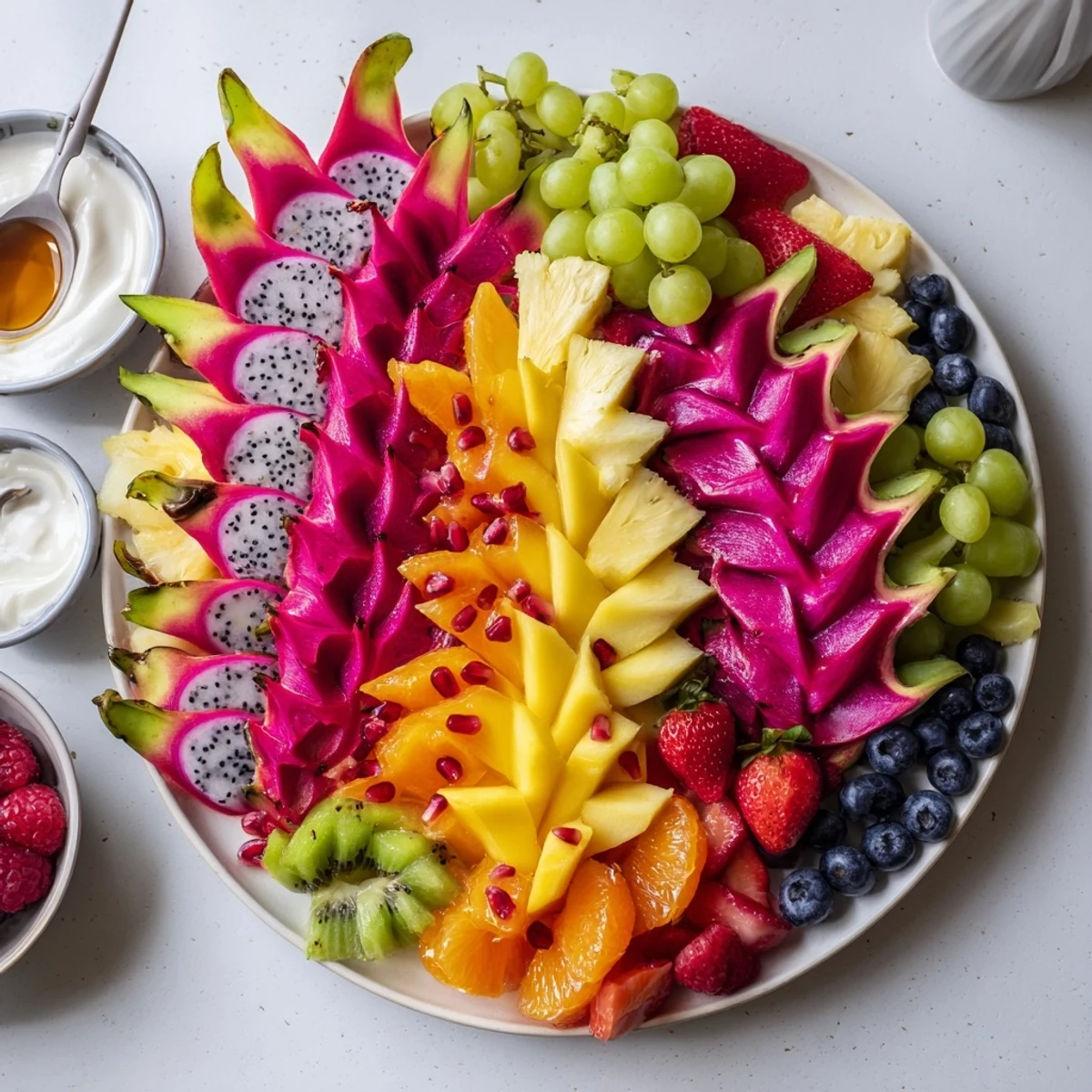 A Dragon Scales Fruit Board—delicious, refreshing, and perfectly arranged with fruits and tempting dips.
