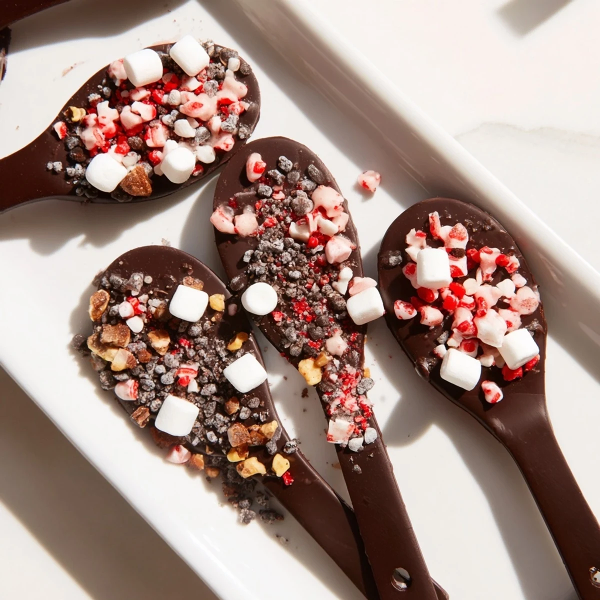 Hot chocolate spoon toppings board with various treats for dipping into creamy hot milk.