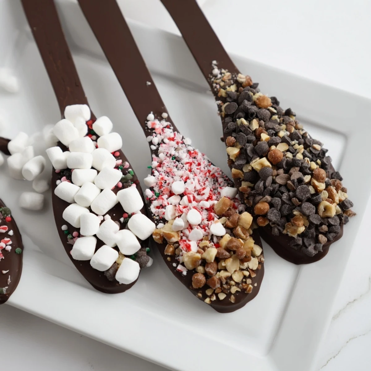 A delightful hot chocolate spoon toppings board; imagine colorful marshmallows alongside crushed peppermint.