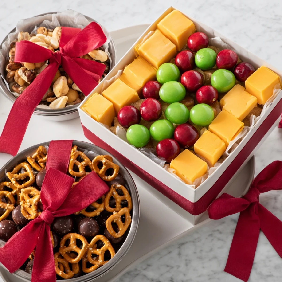 This festive Stacked Christmas Gift Snack Tower offers a delightful mix of sweet and savory flavors for snacking.