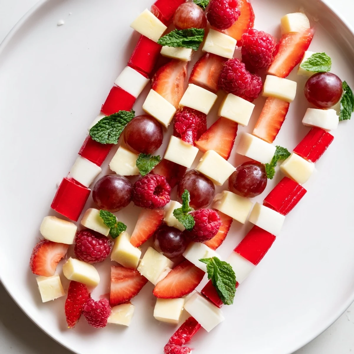 Bright red, juicy strawberries and raspberries pair with creamy cheeses in this candy cane fruit and cheese.