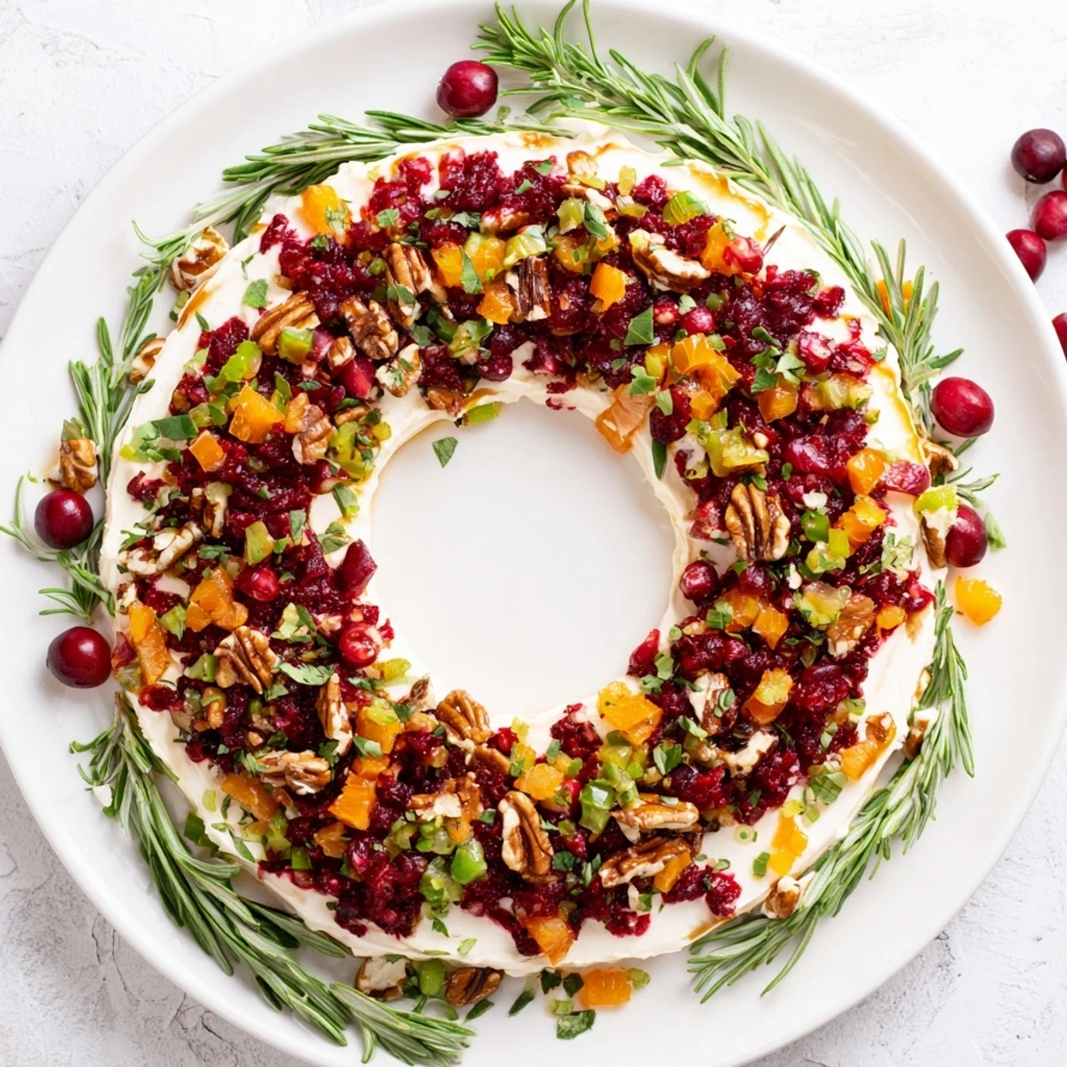 Cranberry Feta Dip Wreath, a vibrant holiday appetizer with creamy feta and fresh cranberry topping.